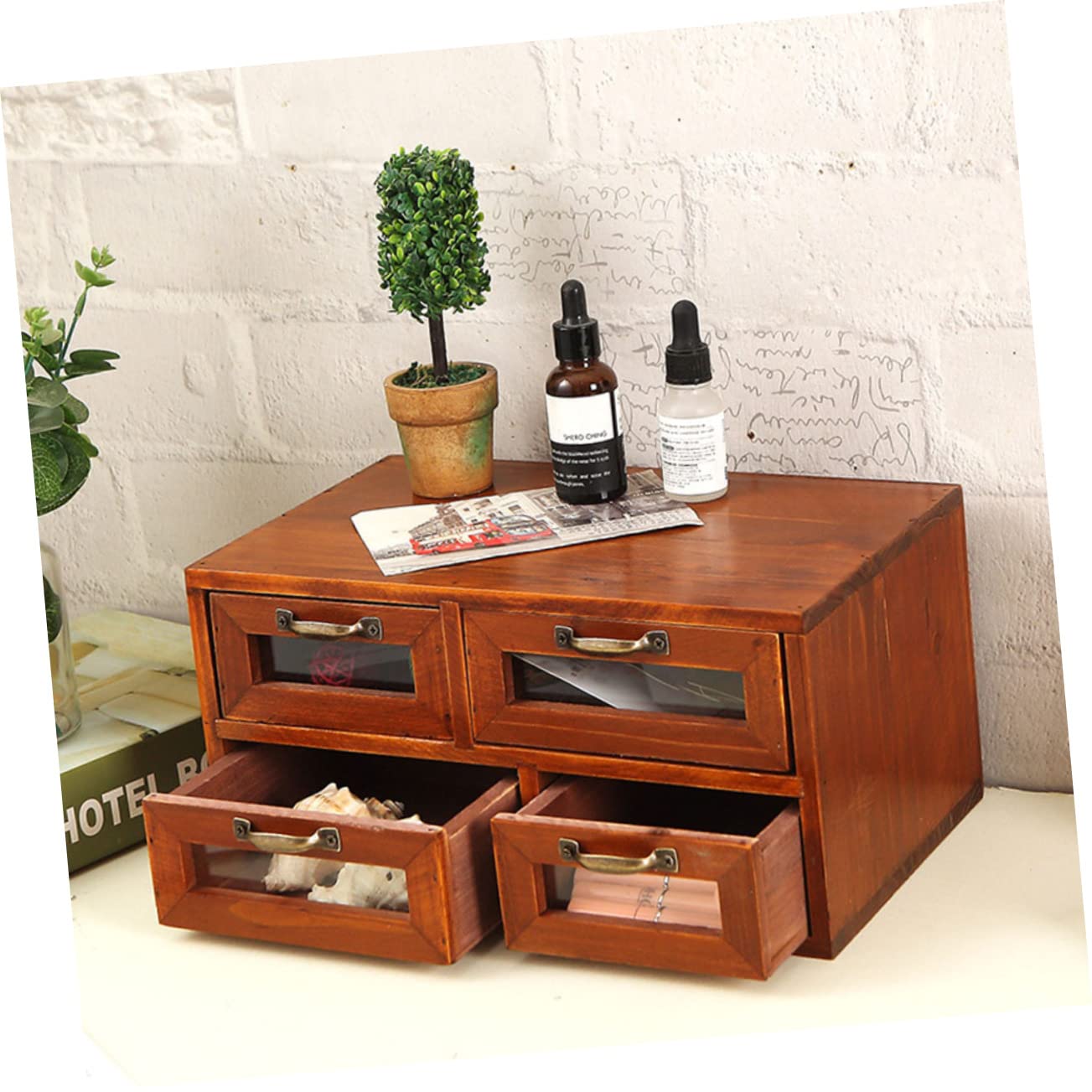 NUOBESTY Organizador de Madera con Cajones Dobles y 4 Compartimentos, Caja de Almacenamiento Versátil para Oficina y Escritorio, Diseño Cerrado Fácil de Usar