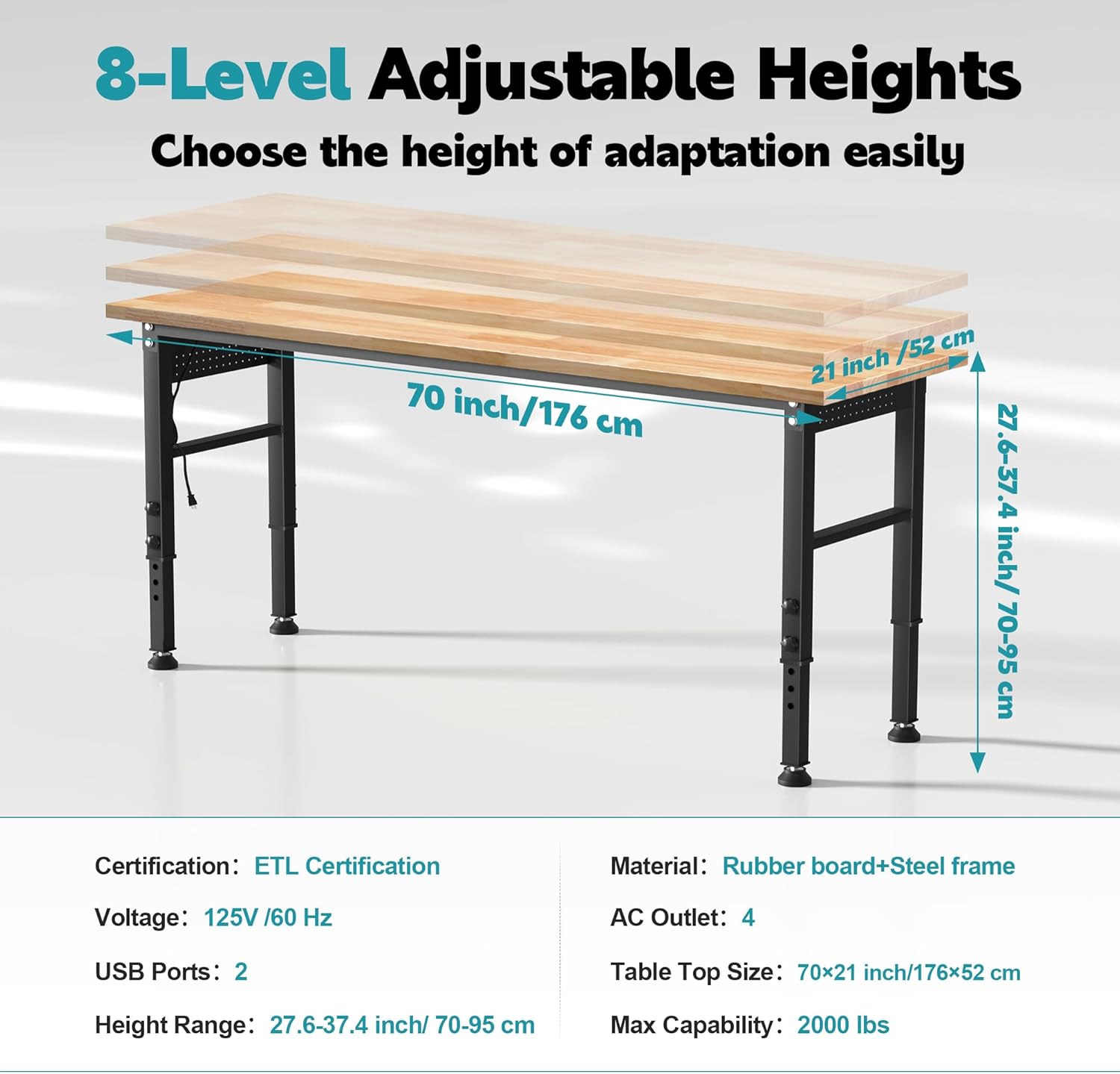 70'' Adjustable Workbench, 2000 LBS Load Capacity Heavy Duty Workstation with Power Outlets, Rubber Wood Top Worktable for Garage, Office,Workshop, Commercial - Image 4