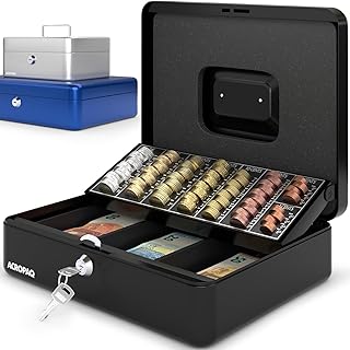 ACROPAQ Geldkassette abschließbar - (30 x 24 x 9 cm), Kasse mit Münzzählbrett, Stahlkonstruktion, Mit 2 enthaltenen Schlüsseln, Schwarz - Geld Kassette zum Abschließen, Geldkasse, Kassa Box