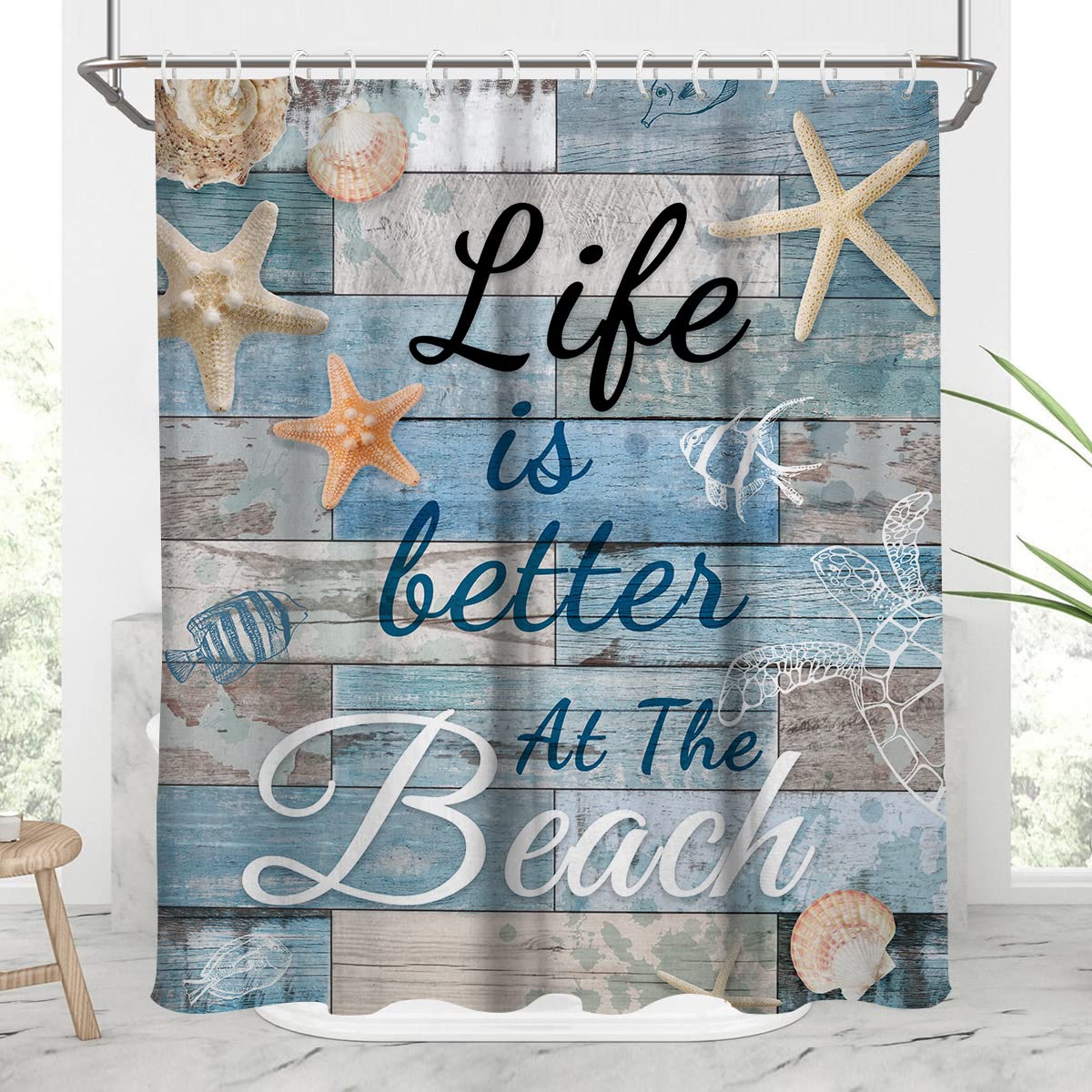 AAtter Beach Shower Curtain Ocean Nautical Coastal Sea Beachy Summer Cute Kids Boys Tropical Seashell Starfish Shell Hawaiian Quote Lake Home Bathroom