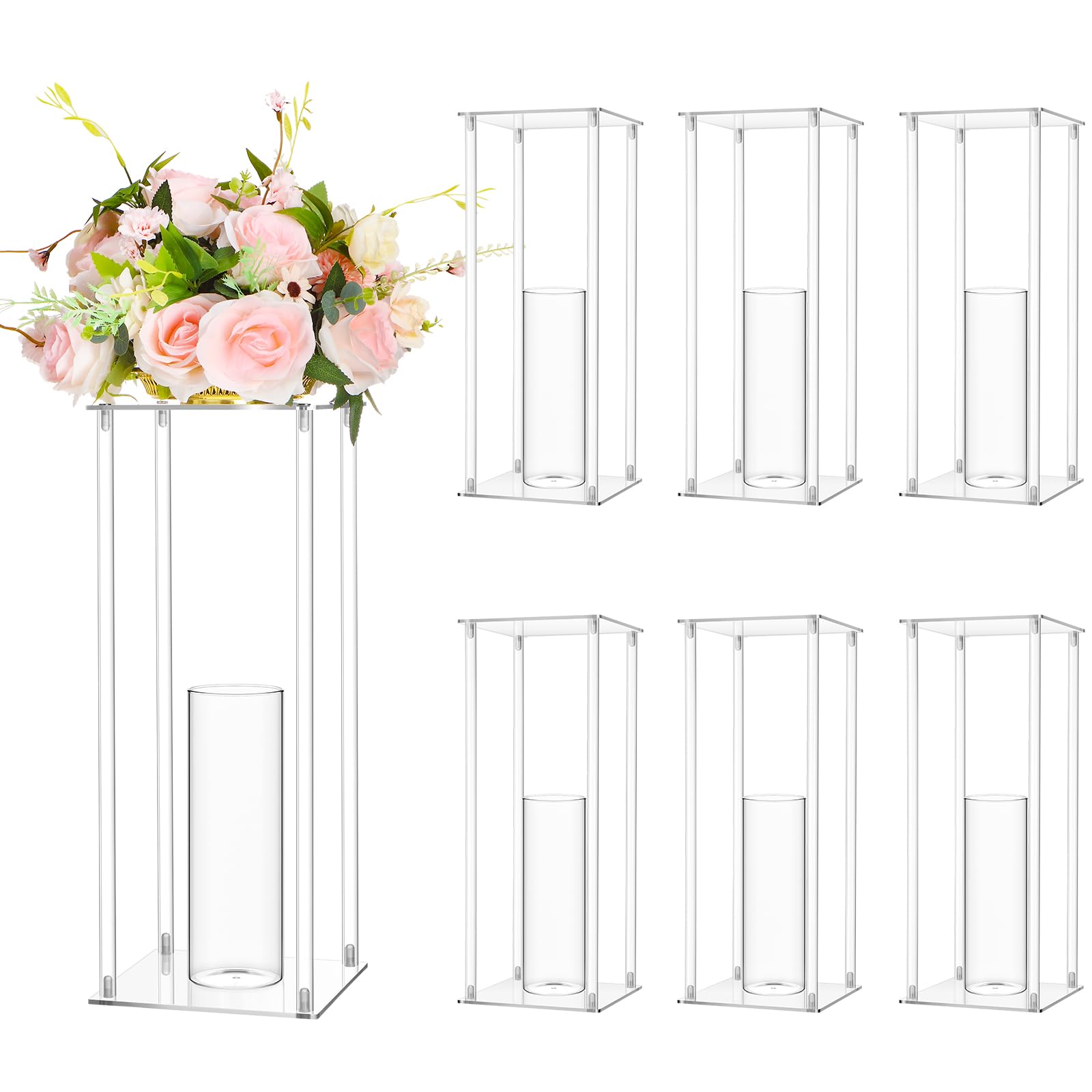 Sieral 6 Sets 20''Tall Clear Acrylic Flower Vase Wedding Centerpieces Flowers Stand with Glass Candle Holders Cylinder Vases, Transparent Flower Vases