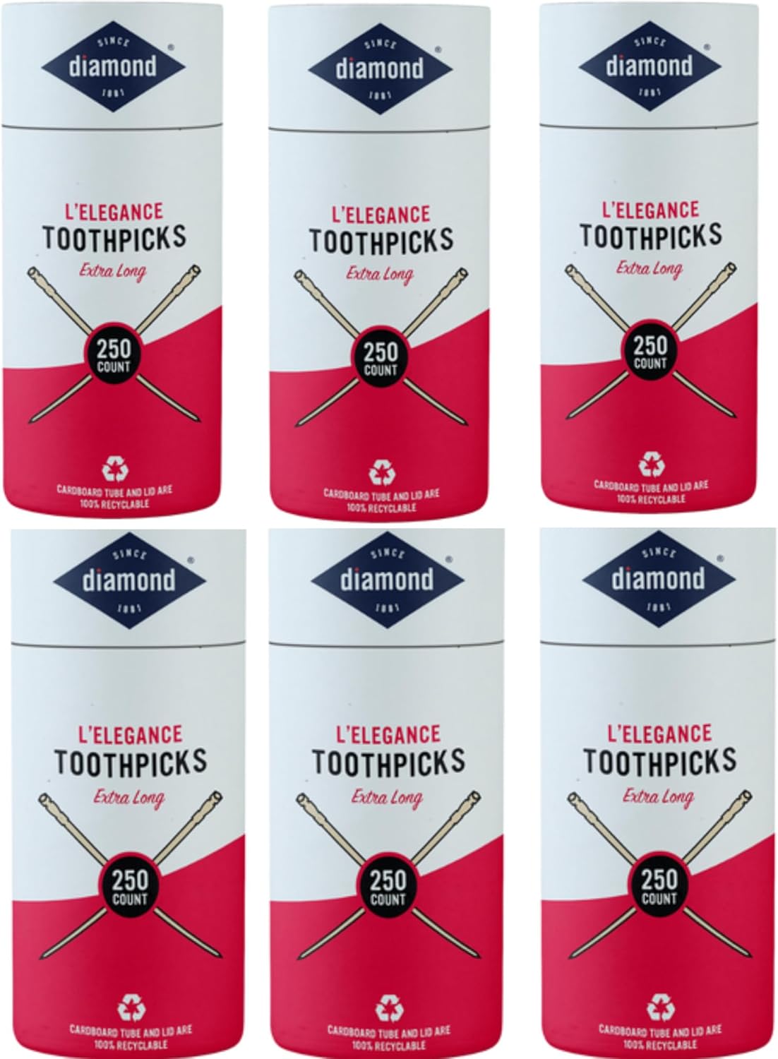 Diamond Specialty Toothpicks Extra Long L'Elegance, 250 Count Vial Long Wooden Toothpicks for Appetizers, Cocktails, Teeth, Crafts 6 Pack
