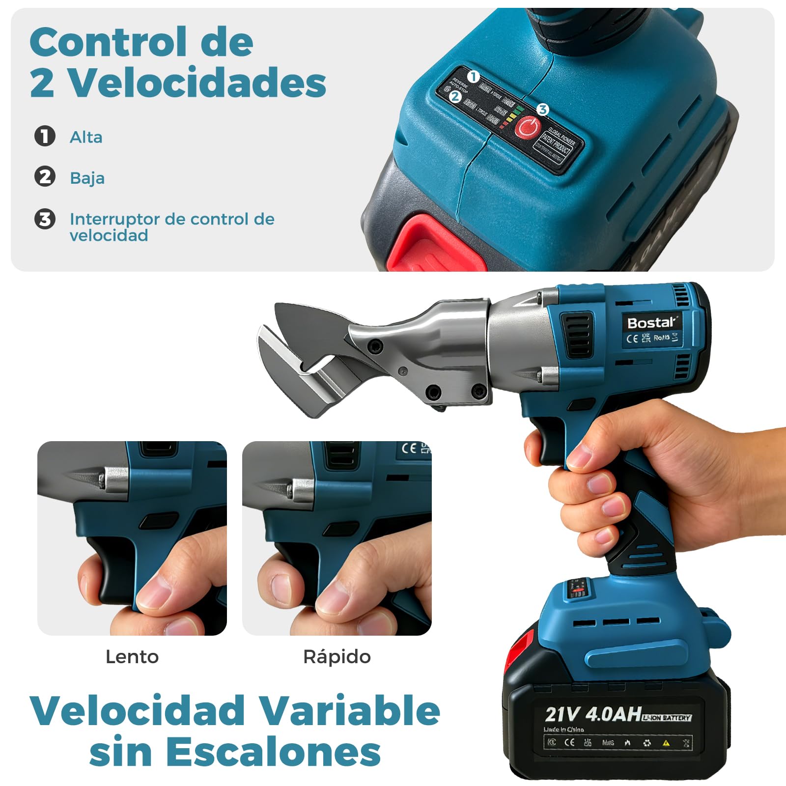 Bostar Tijeras de Chapa a Batería, Motor Sin Escobillas con 2 Baterías 4.0Ah, Cizalla Eléctrica para 1,5mm Metal y 2,0mm Aluminio, Cabezal 360°, Compatible con Makita 18V Batería