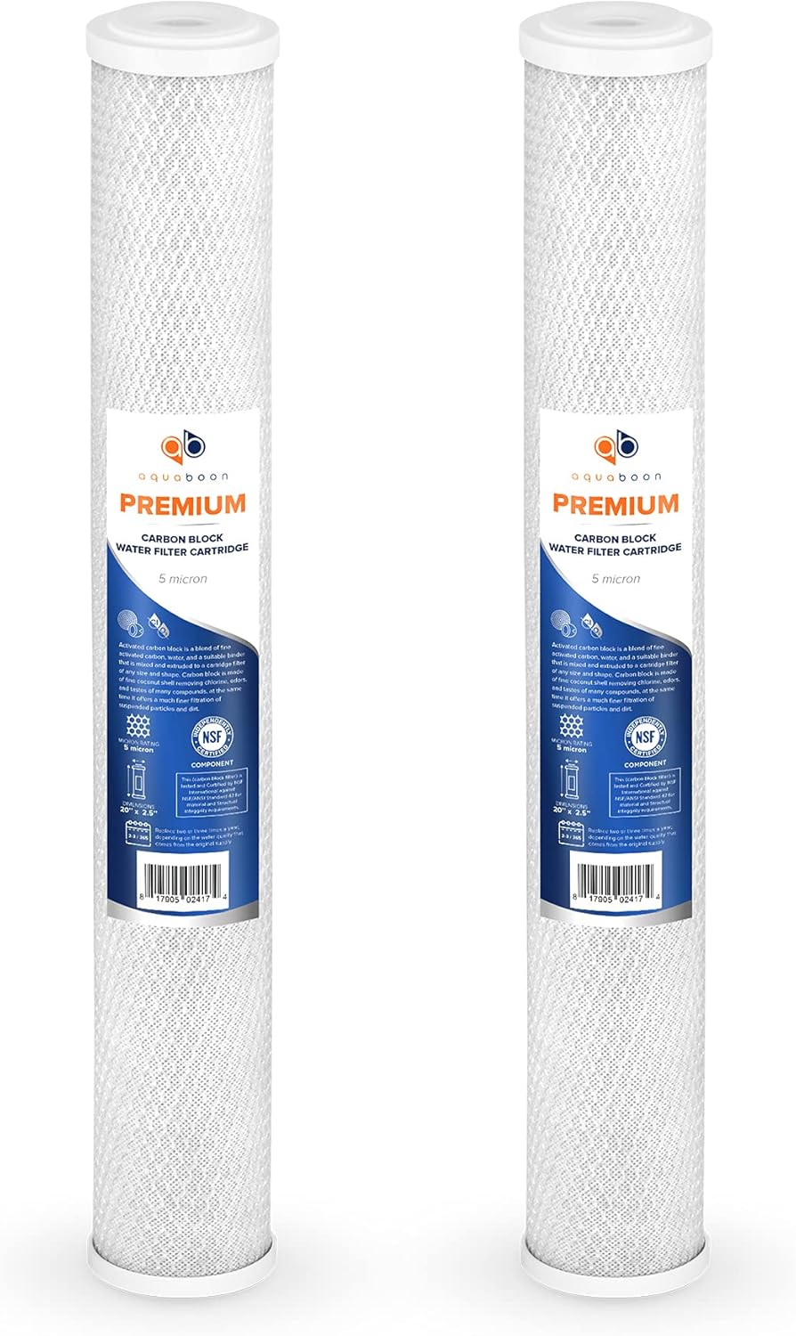 Aquaboon Premium 5 Micron Carbon Filter 20 x 2.5 CTO Activated Carbon Water Filter Replacement Cartridge Compatible with EP-20, CB-25-2005, 2-Pack