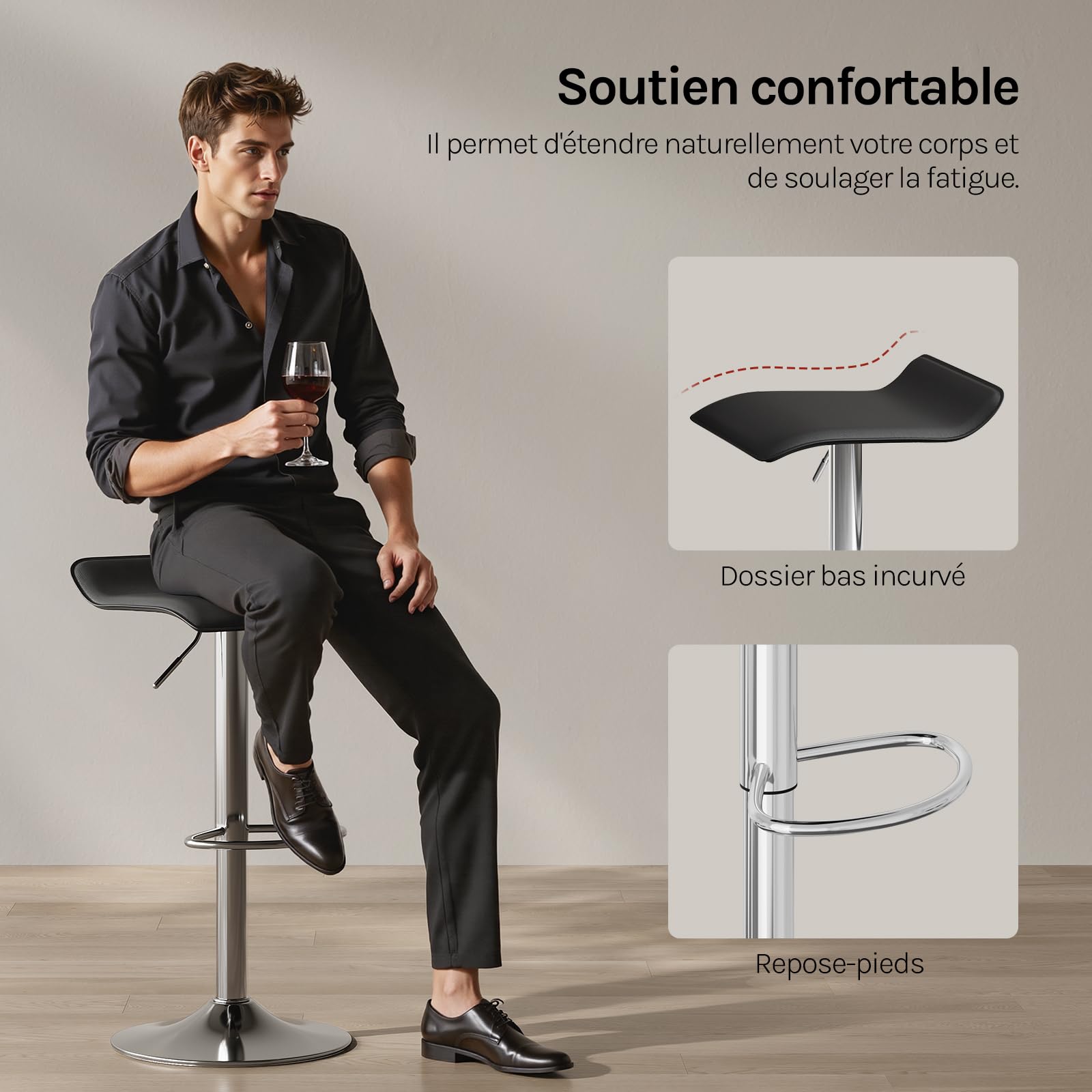 WOLTU Tabouret Bar, Hauteur Réglable, PVC+Métal, Noir+Argent | Chaise de bar, Siège pivotant à 360°, avec repose-pieds, pour Cuisine, Salle à Manger