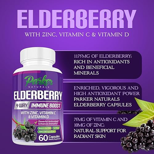 Miniatura 2 de Parker Naturals Cápsulas orgánicas de saúco, refuerzo inmunológico de 4 vías de saúco, vitaminas C, D y soporte de zinc, 1260.1 mg suplementos de