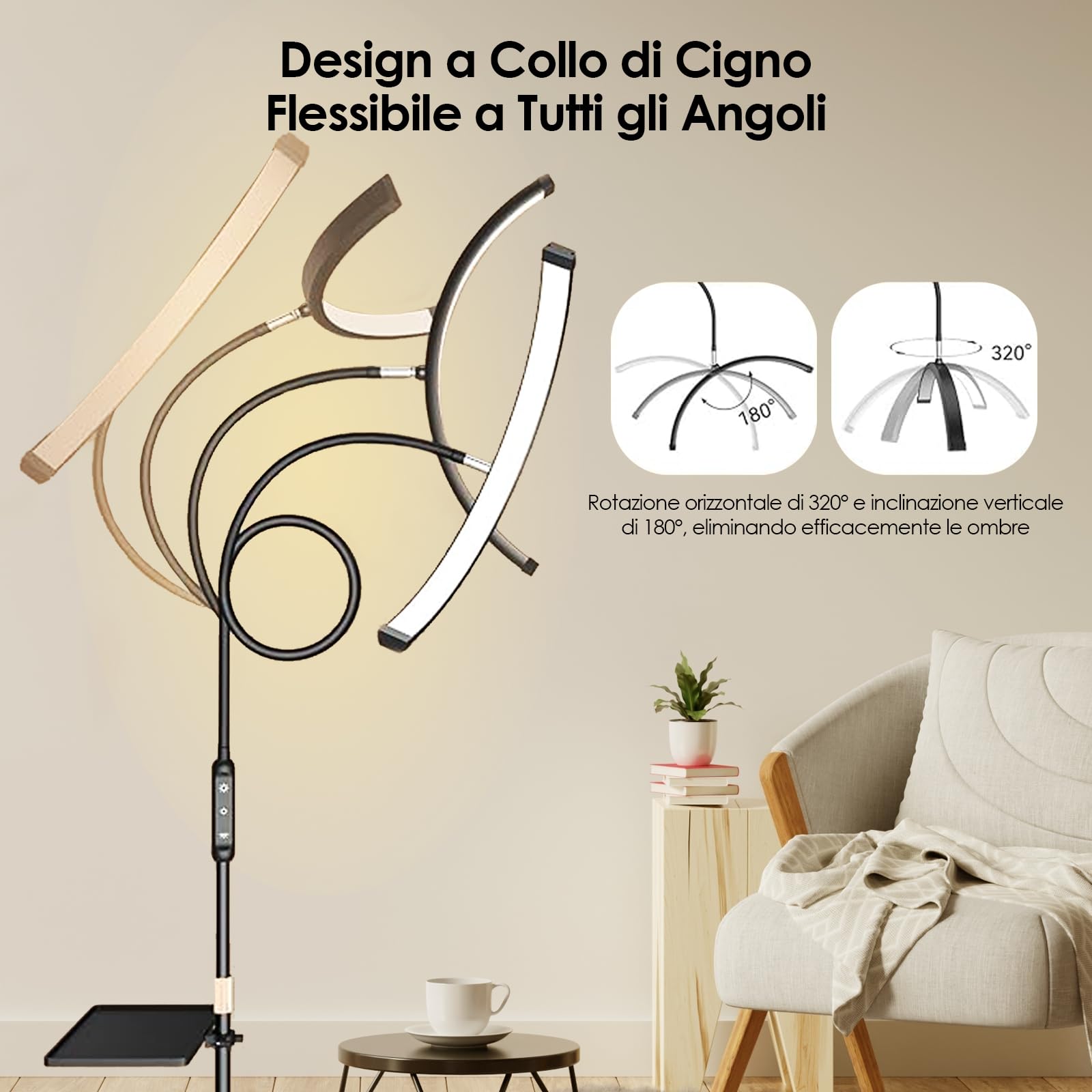 Lampada Cosmetica a Mezzaluna – Lampada a Piedistallo Mobile con Ruote, 192 LED, 5 Colori e 5 Livelli di Luminosità, con Telecomando e Clip, per Estensione Ciglia/Design Unghie/Tatuaggio