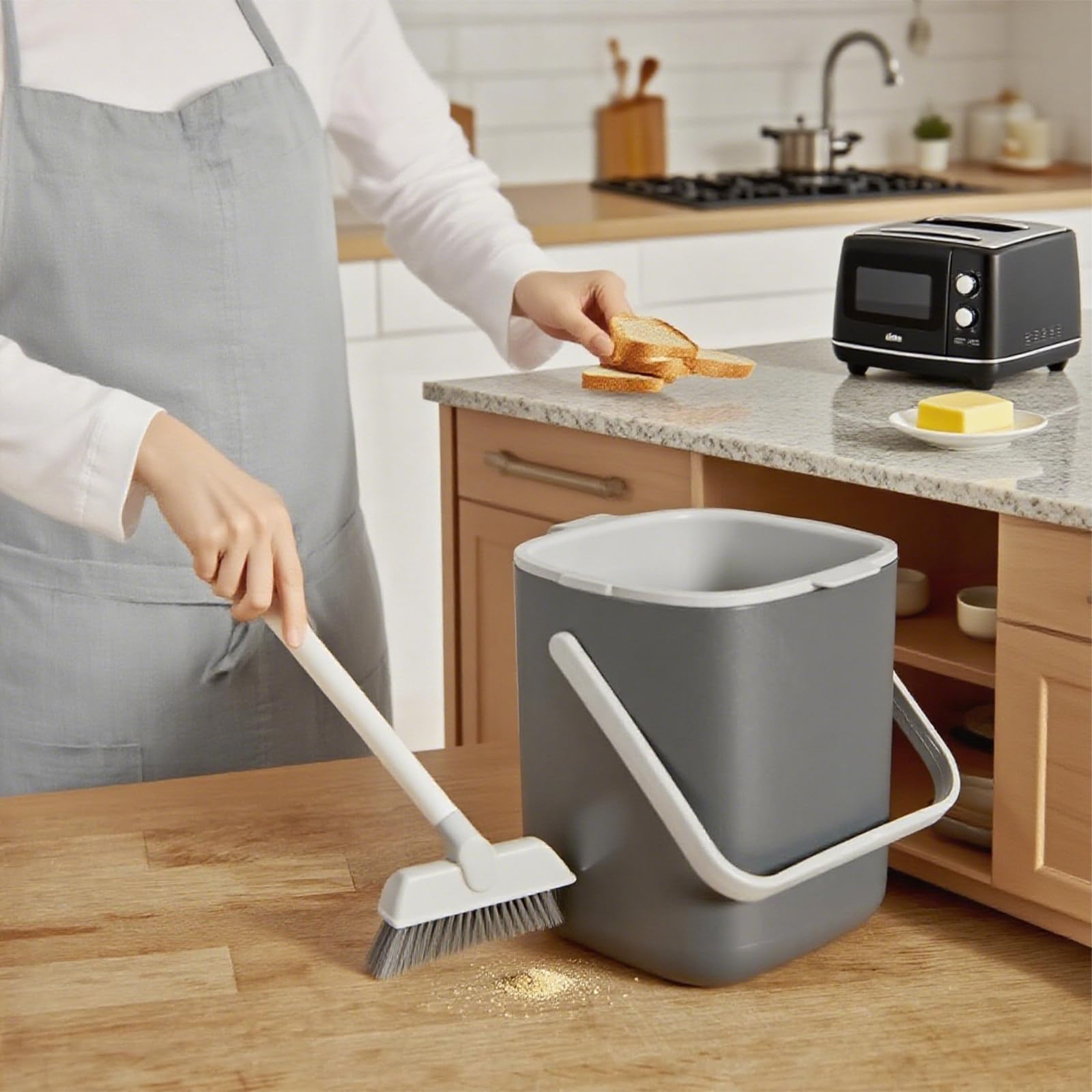 Compostiera da Cucina 4L con Filtro Carbone Attivo - Secchio Compost Biologico Antiodore & Lavabile Lavastoviglie - Pattumiera per Rifiuti Organici con Maniglia (Grigio)