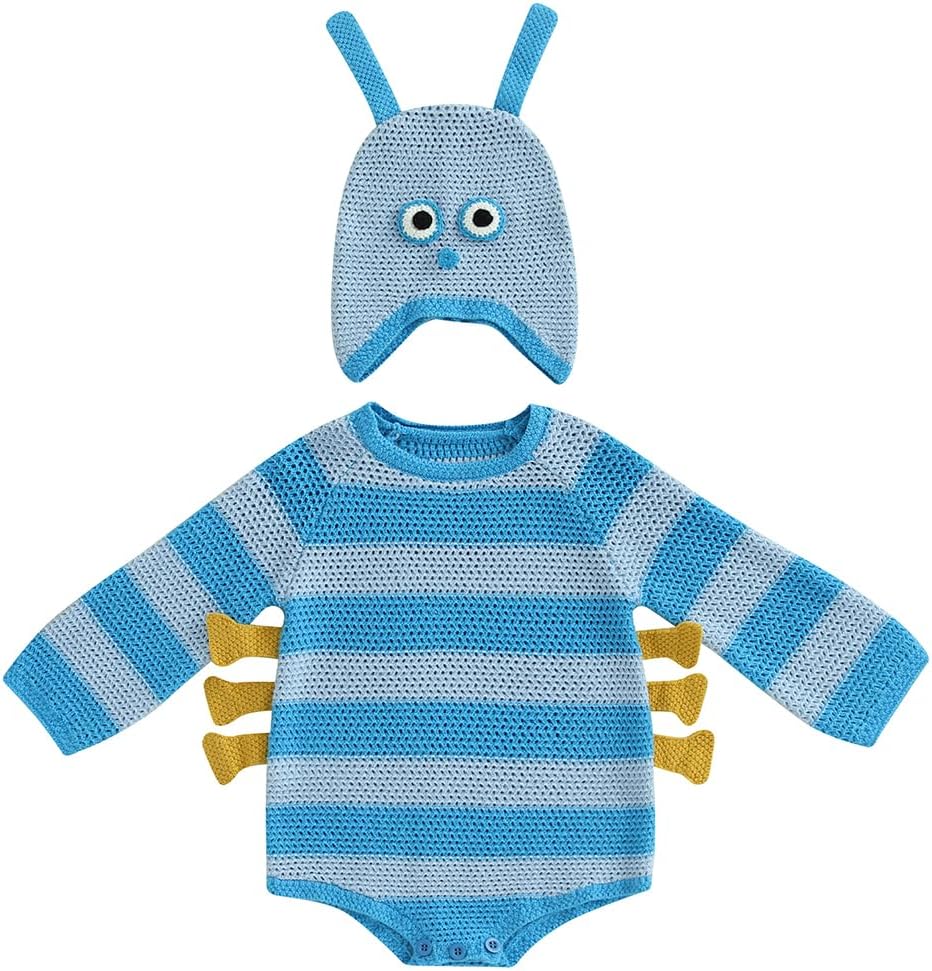 Infant Baby Boys Girls Halloween Hungry Caterpillar Costume Crochet Knit Bodysuit Romper with Hat Photo Prop