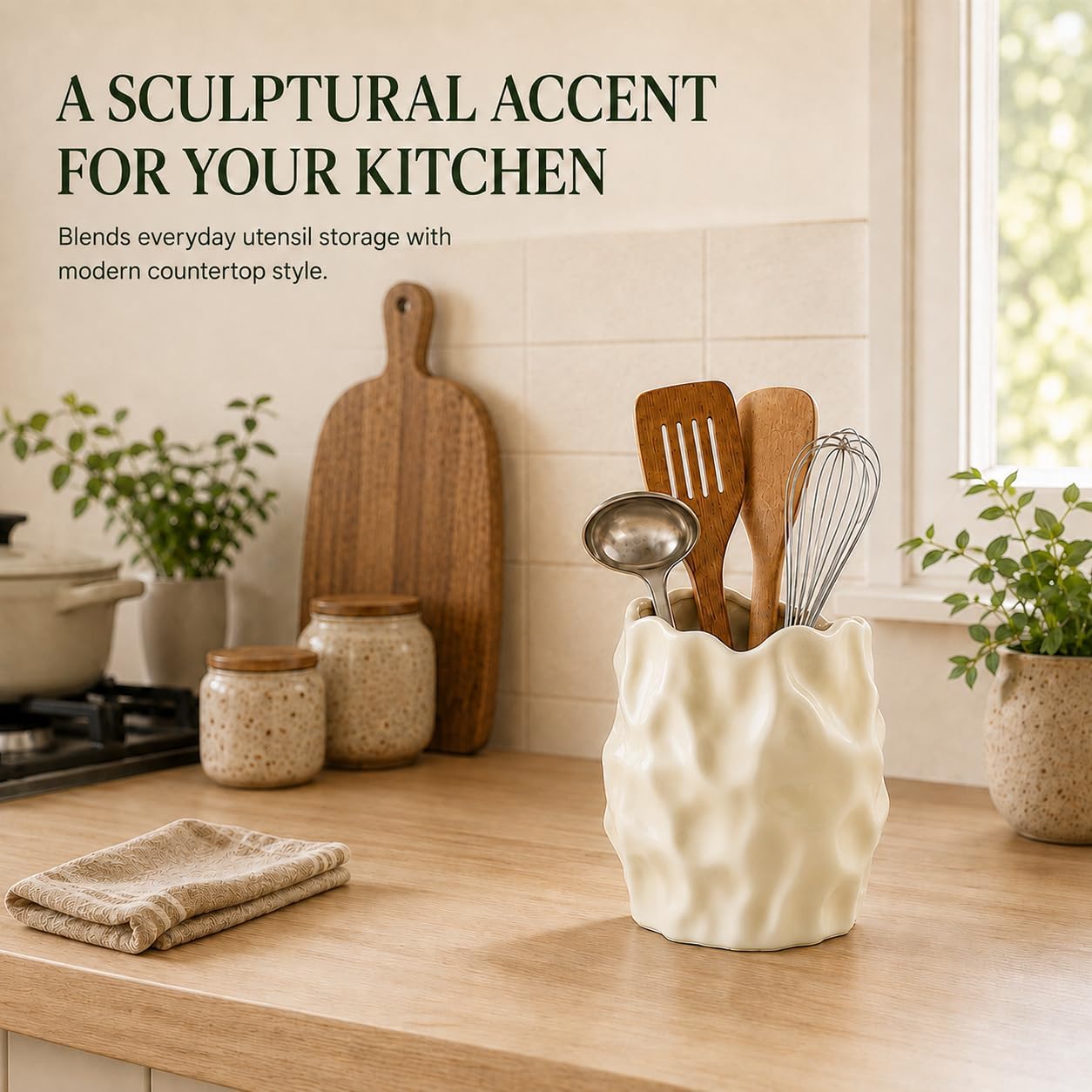 Ceramic Utensil Holder for Kitchen Countertop, 6 Inch, Cream White