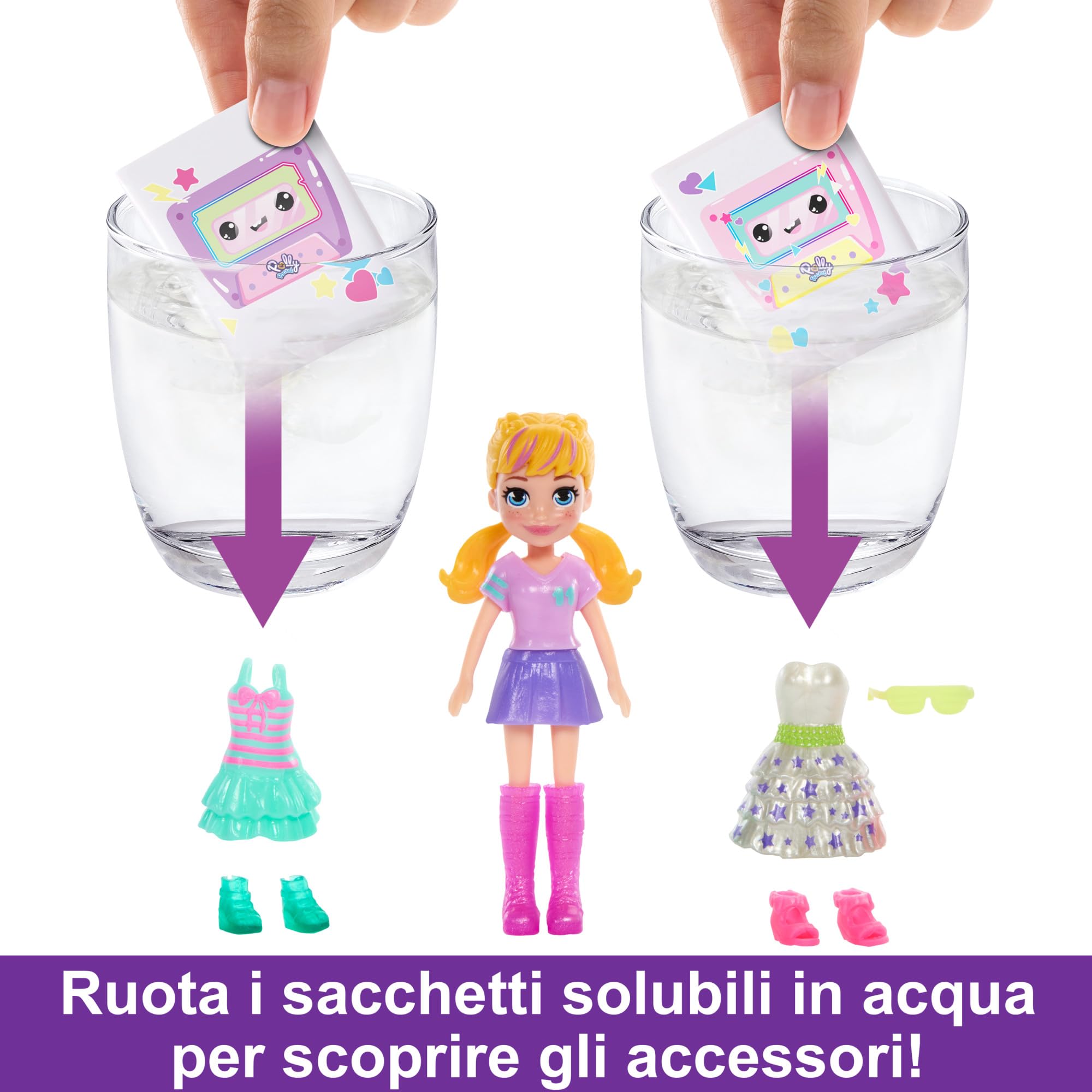 Polly Pocket - Disco Dance Fashion Reveal, playset da viaggio a forma di stereo portatile, include bambola con felpa, gioco d'acqua a sorpresa e 16+ accessori, giocattolo per bambini, 4+ anni, HRD65