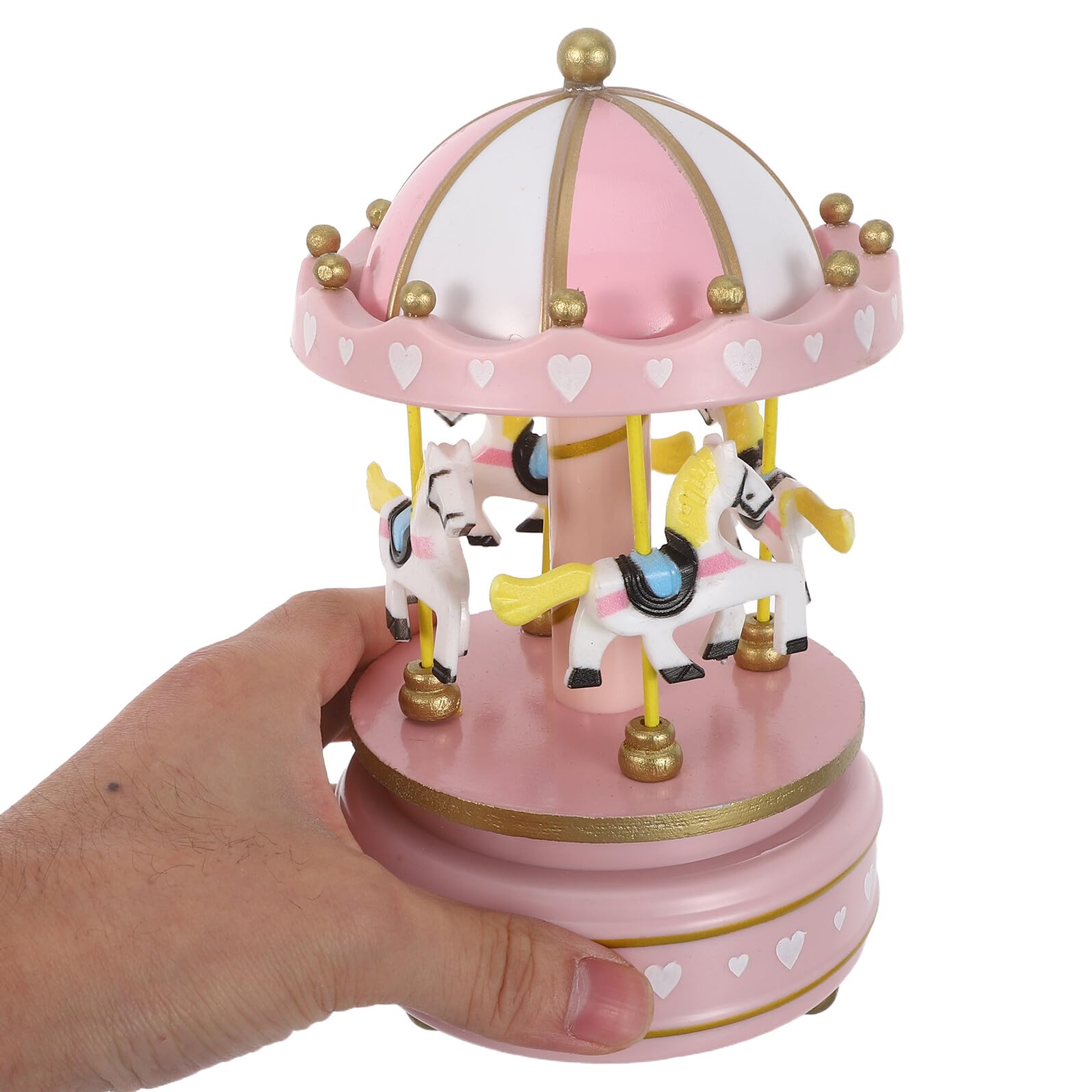 Caja de Música Carrusel Giratoria para Niña con Caballos Color Rosa Tamaño 3 de Madera y Plástico Caja Musical Mecánica de Cuerda Adecuado para Obsequio de Cumpleaños y