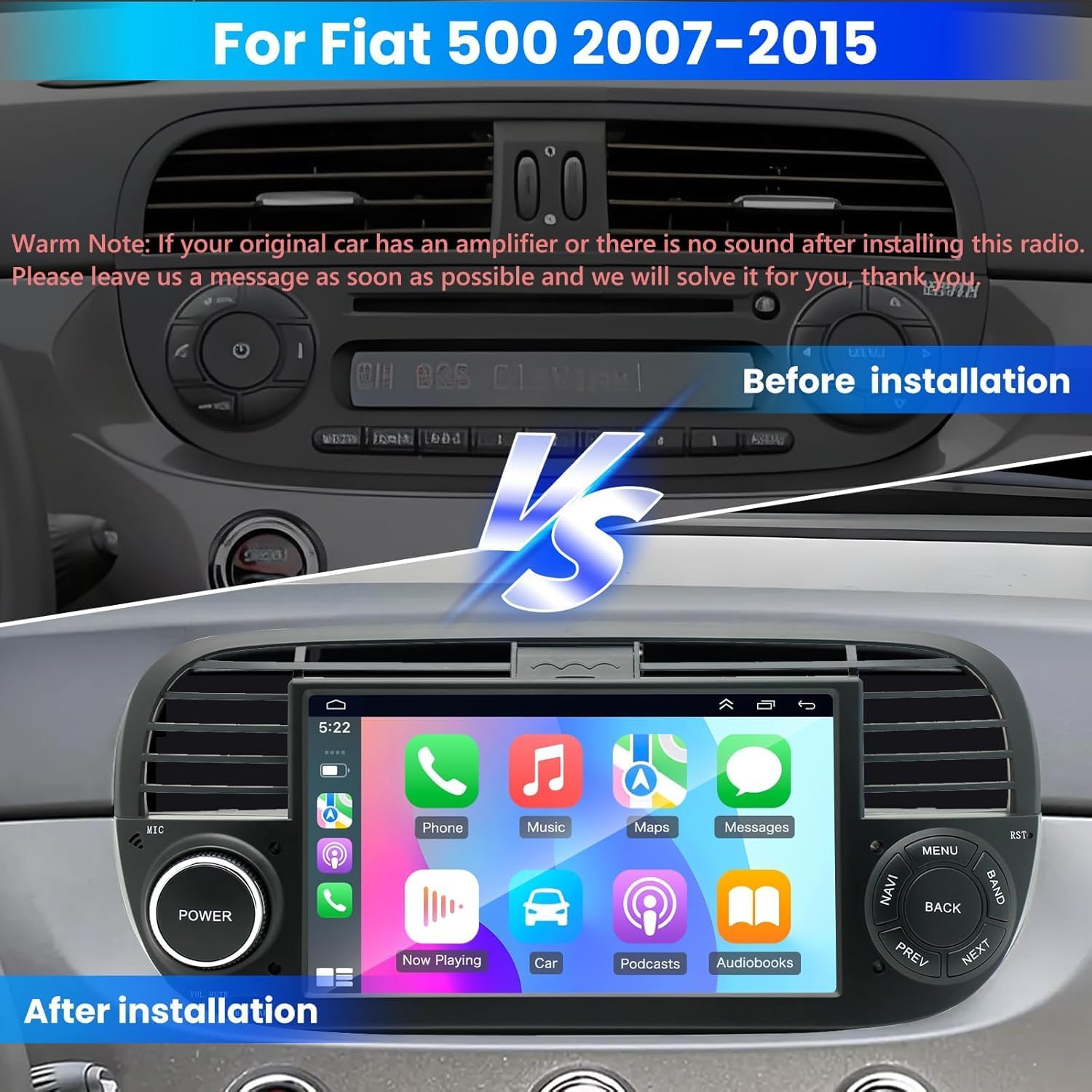 Android 14 Car Stereo Radio for Fiat 500 2007-2015, 4+64G Radio with Wireless CarPlay/Android Auto, 7" IPS HD Touch Screen Radio with WiFi/GPS/Bluetooth/FM/USB/SWC/Backup Camera/Mic