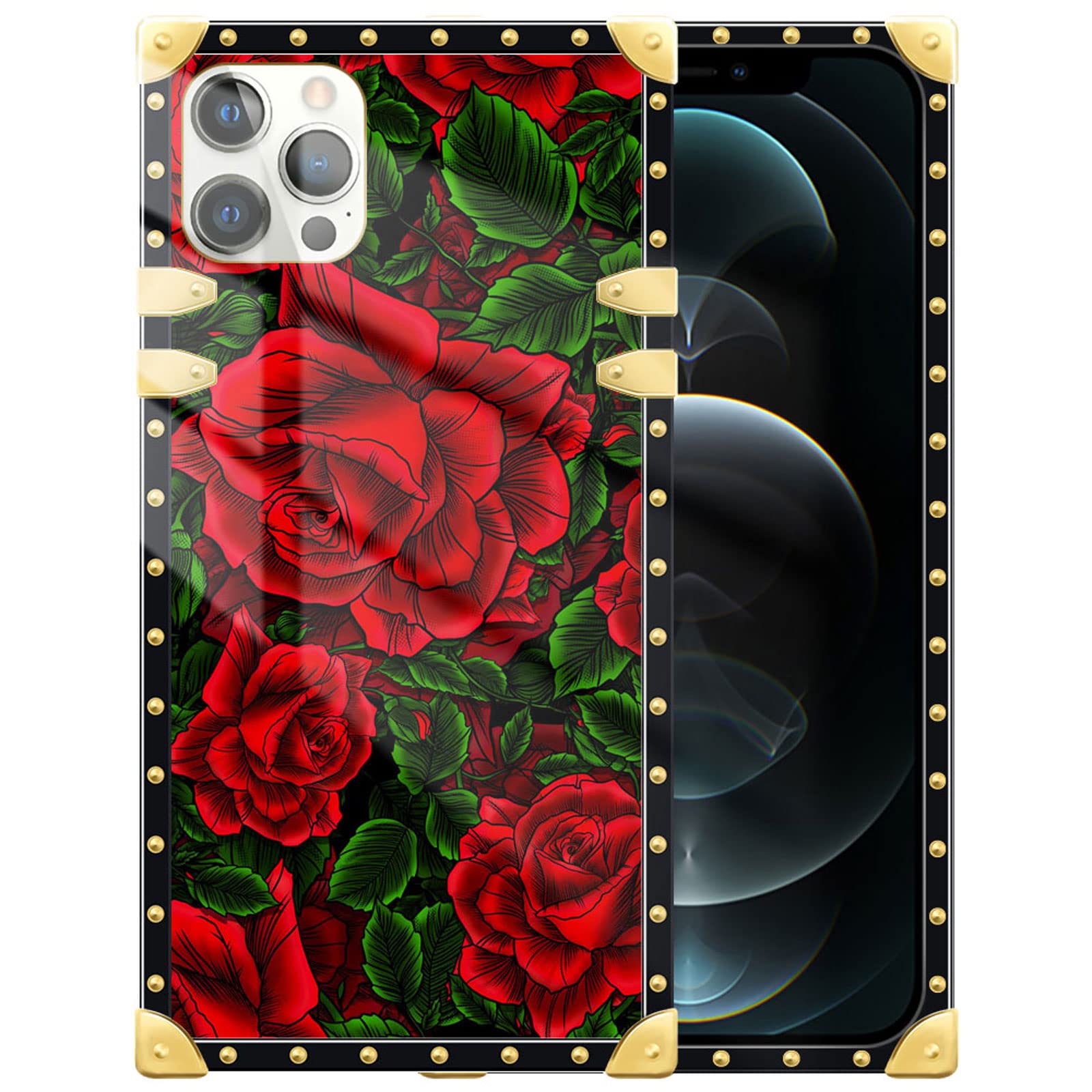 Goodsprout Compatible with iPhone 13 Pro Max Case for Girls Women,Vector Rose Pattern Design Gold Full Protection Square Soft TPU Shockproof Hard PC Back, 6.7''