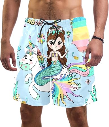 Mens Swim Shorts Mermaid Unicorn with 