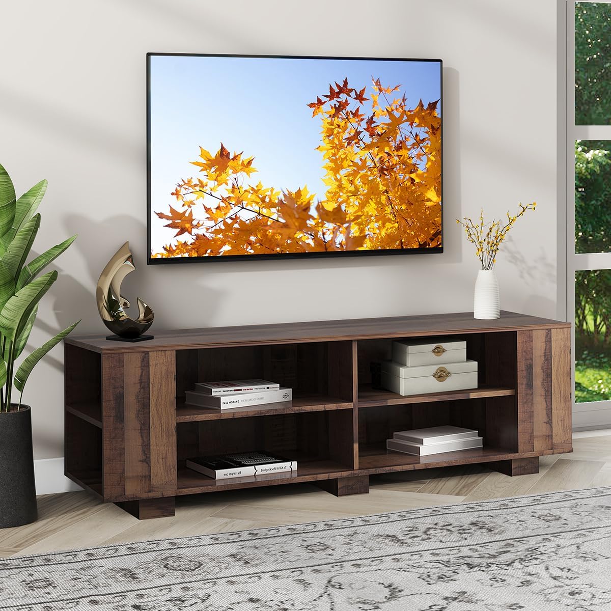 ((Incomplete box)) TV Stand for TVs up to 65 Inch, Mid Century Modern Entertainment Center with 3-Level Adjustable Shelf, TV Console with 8 Open Shelves for Living Room, Bedroom, Rustic Brown