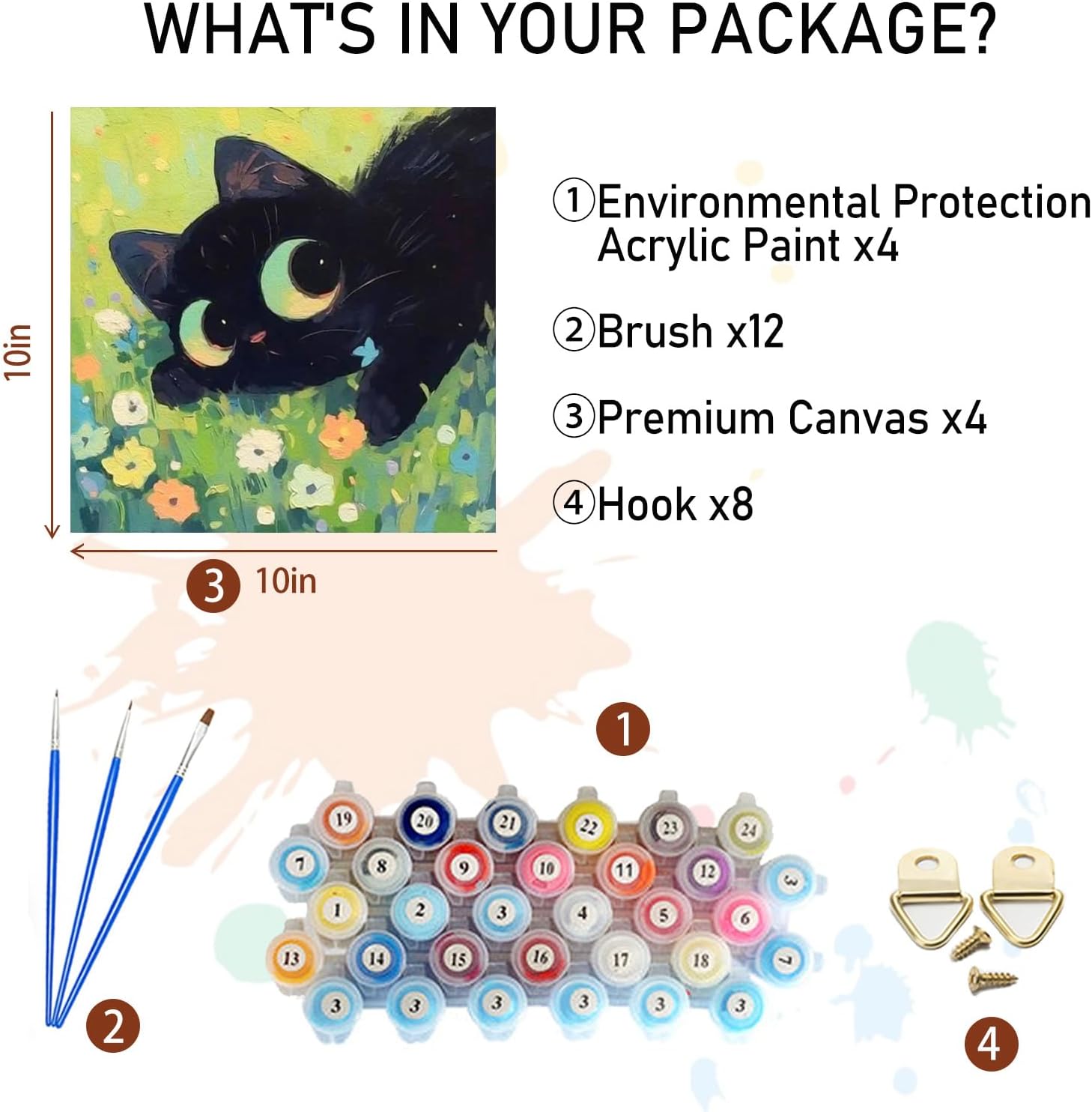Amphol 4 Pack Paint by Numbers Kit for Adults Framed, Easy Cut Cat Paint by Numbers Framed Canvas for Beginners, Painting by Number Kit with Brushes and Acrylic Paint, Great Gift Home Decor - 10”x10”