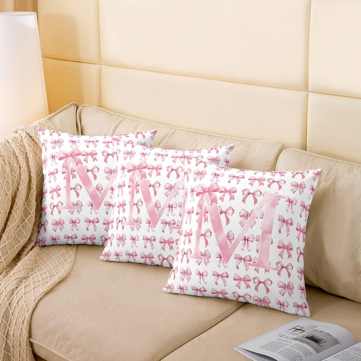 Coquette Pink Bow Pillow Cover 16"x16" Single Pack,Personalized Initial M Reversible Throw Cushion Case,Monogrammed Present Pillow Case for Kids Teens,Unique Letter Bow Cushion Cover image 4