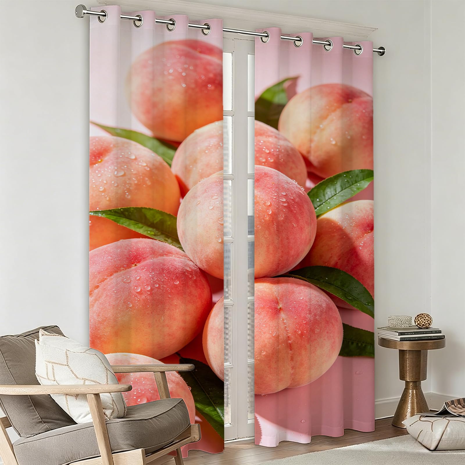 Tenda per Interno Moderne 2 Pezzi 3D Stampa Pesca Tende Oscuranti Termiche Isolanti Camera da Letto Frutti Rosa Tende Soggiorno con Occhielli L140 x A250 cm C.1449