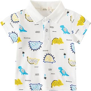 Camiseta infantil de manga curta com lapela fofa e estampa de dinossauro, camiseta infantil com botões (branca, 18 a 24 meses)