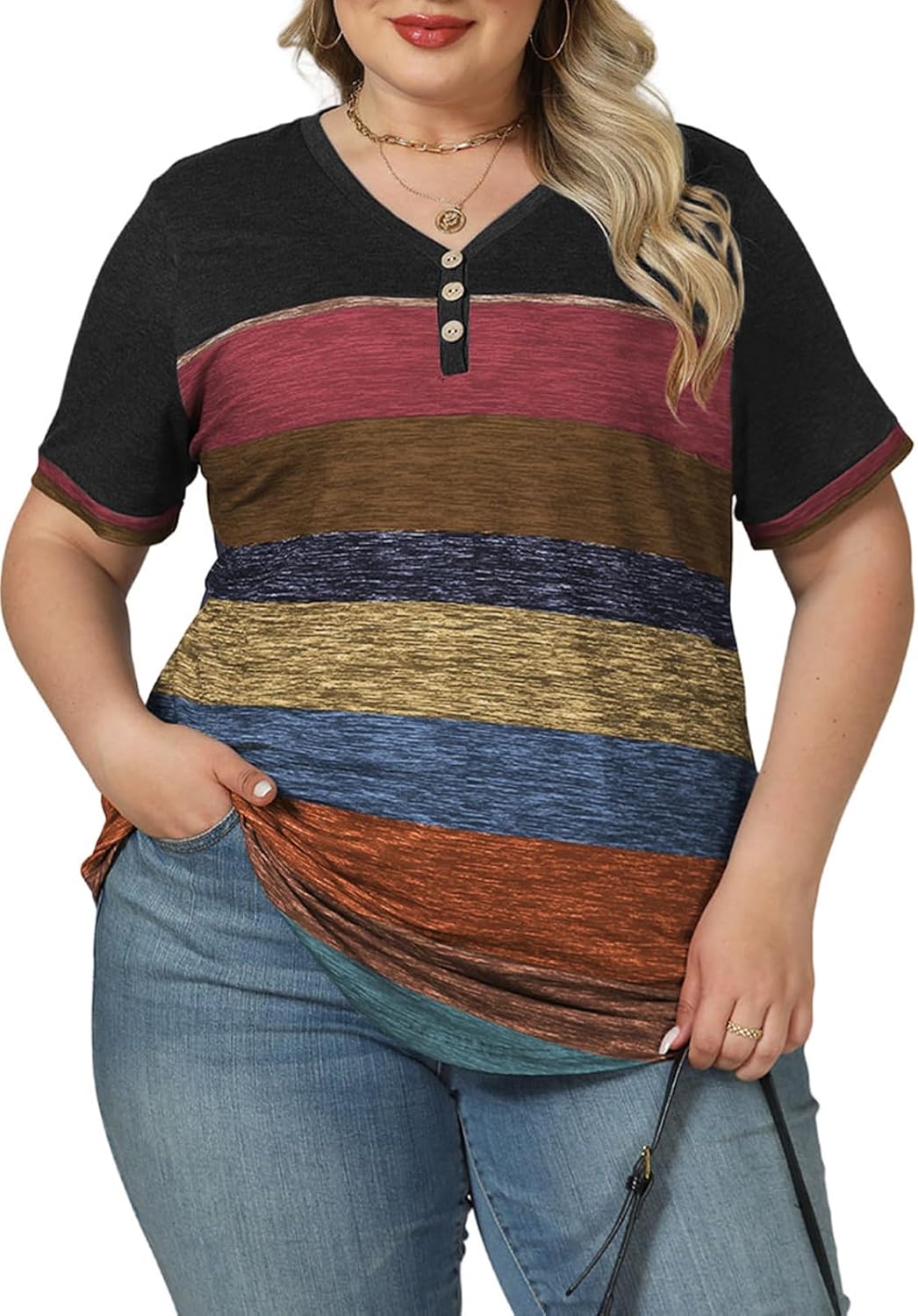 VISLILY Womens-Plus-Size-Summer-Tops Dressy V Neck T Shirts Trendy Striped Color Block Short Sleeve Buttons Up Blouses Tunics - Image 4