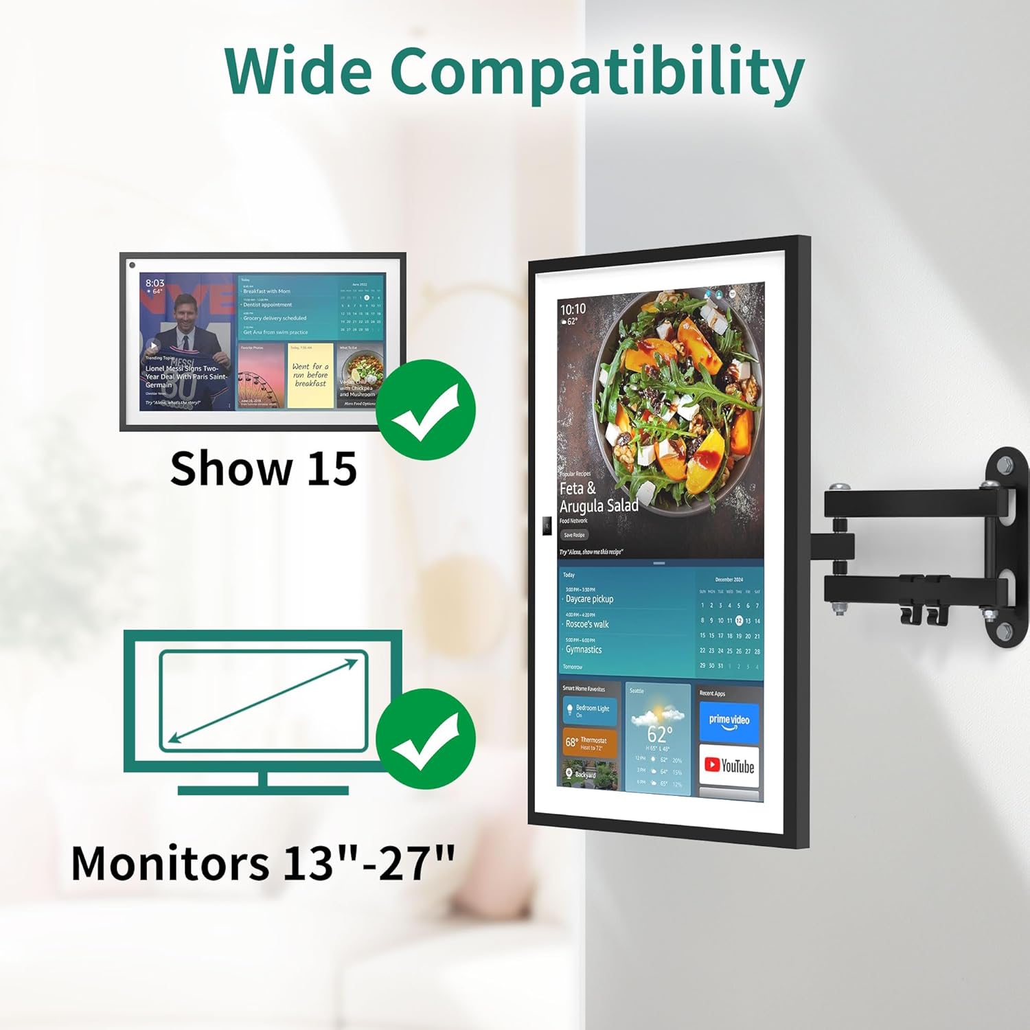 PlusAcc Wall Mount for Show 15 & 13-27 Inch Monitors TVs, Adjustable Full Motion Mounting Shelf with 17" Extension Arm, Rotation Swivel Tilt Wall Stand Bracket, Hold Up to 33lbs (Black)