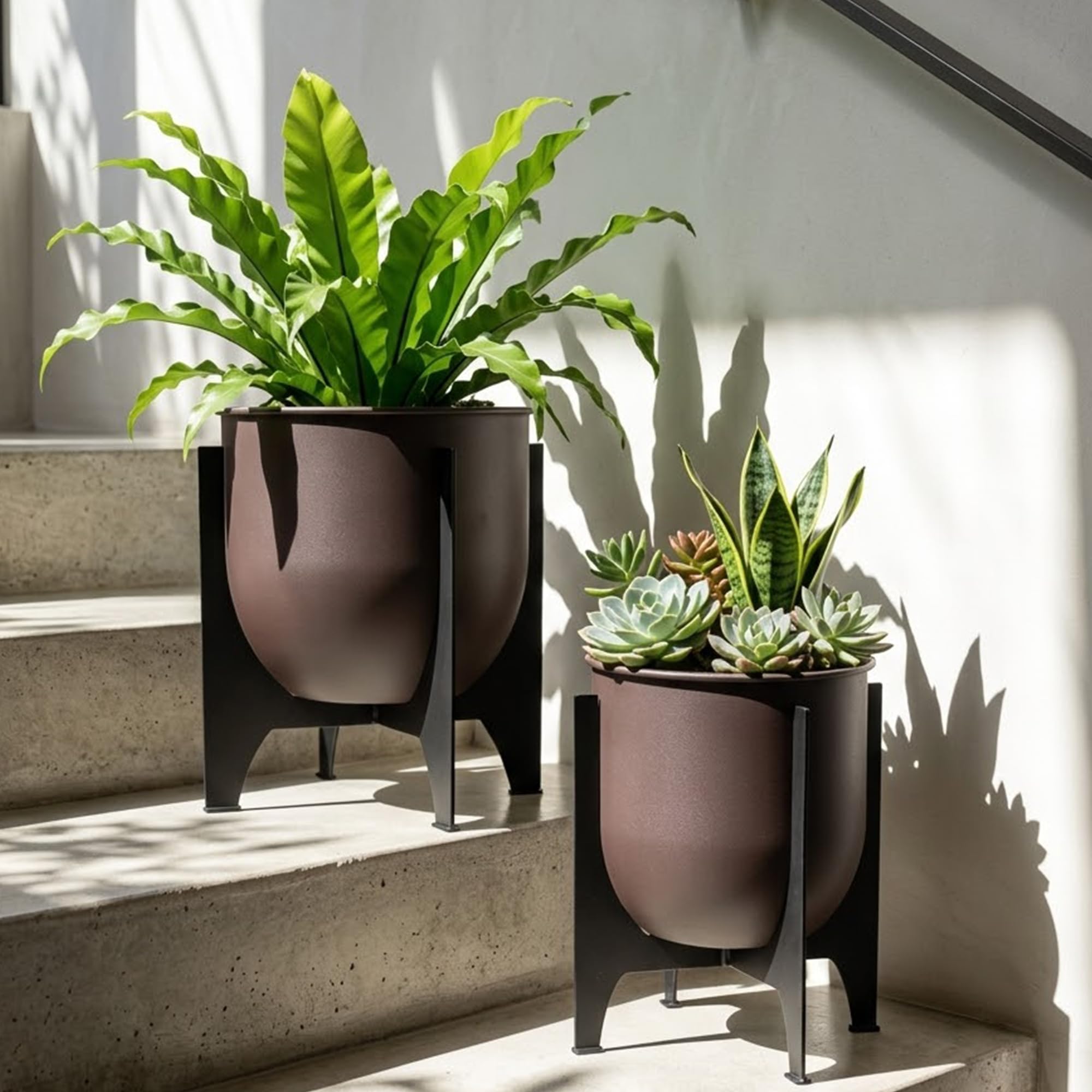 TRIROCKS - Set di 2 vasi con supporto in metallo per interni ed esterni, vasi moderni per soggiorno, angolo, cucina, ufficio, giardino, balcone, decorazione da patio
