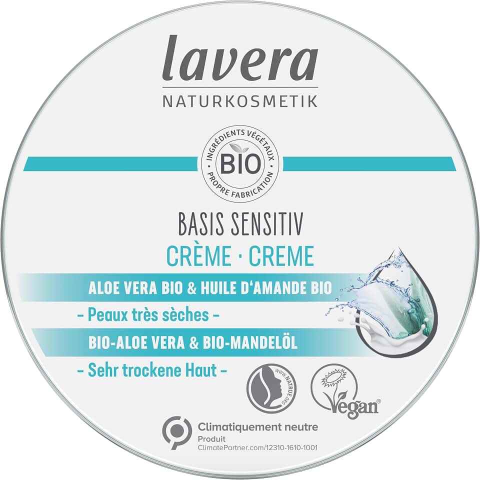 lavera basis sensitiv Crema – Cosméticos naturales – vegano – Aloe Vera orgánico y aceite de almendras orgánico, certificado – 150 ml Natrue Compact by Design (certificación desarrollada por Amazon)