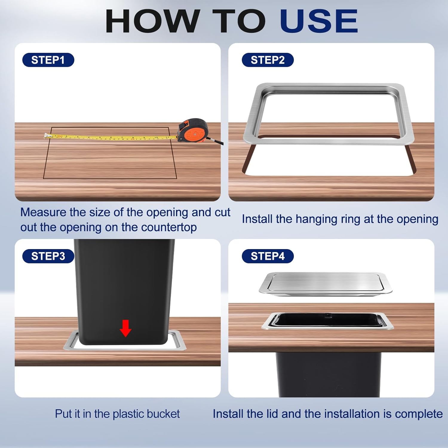 2.6 Gallon / 10 Lite Drop in Countertop Trash Can Built in Embedded Hidden Garbage Bin with Swing Top Lid Square Stainless Steel Recessed Waste Chute for Kitchen Office Restaurant Office Home Hotel