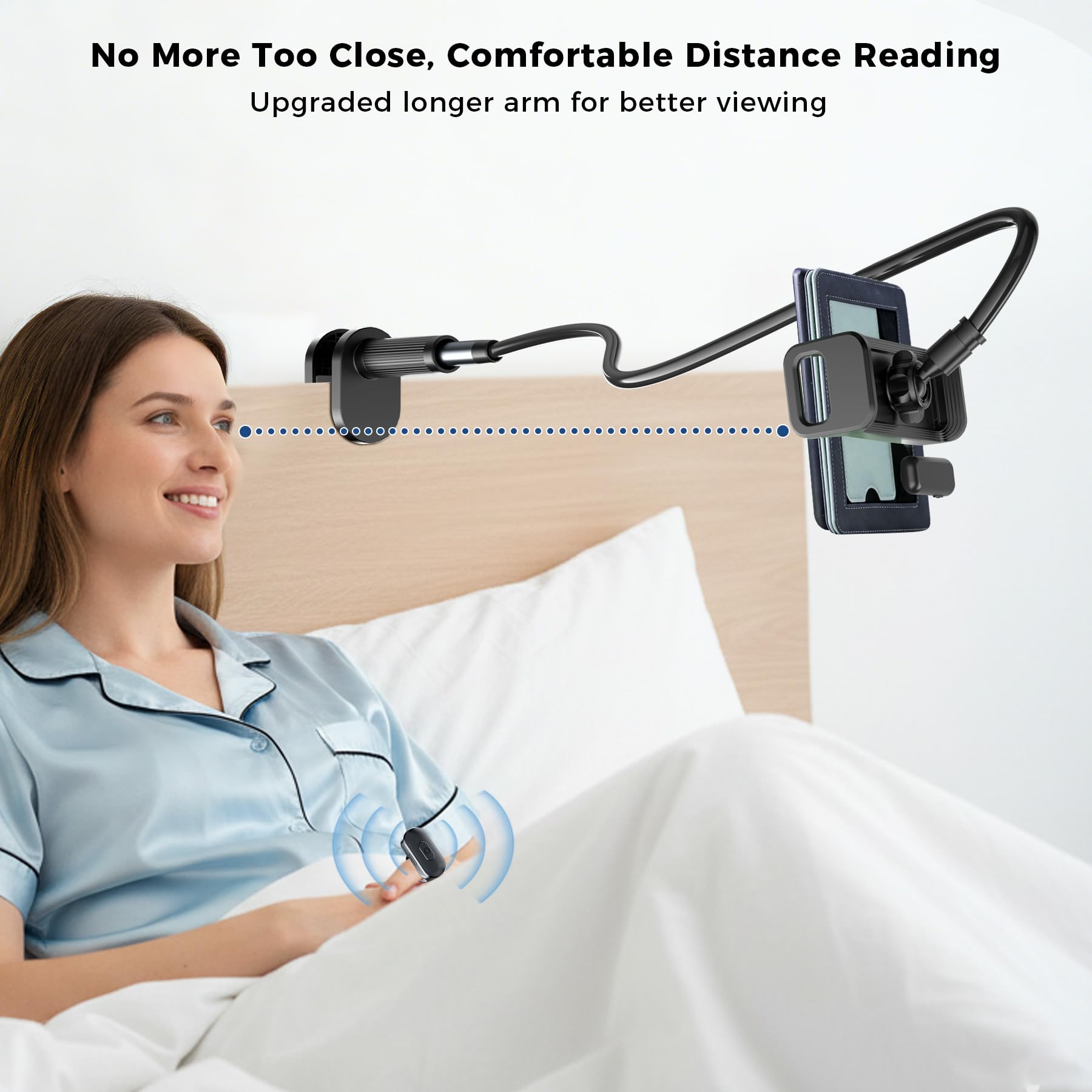 [Compatible con fundas] Soporte largo para Kindle con control remoto para girar páginas, soporte para tablet de cuello de cisne para leer en la cama con clic, accesorios para lector electrónico