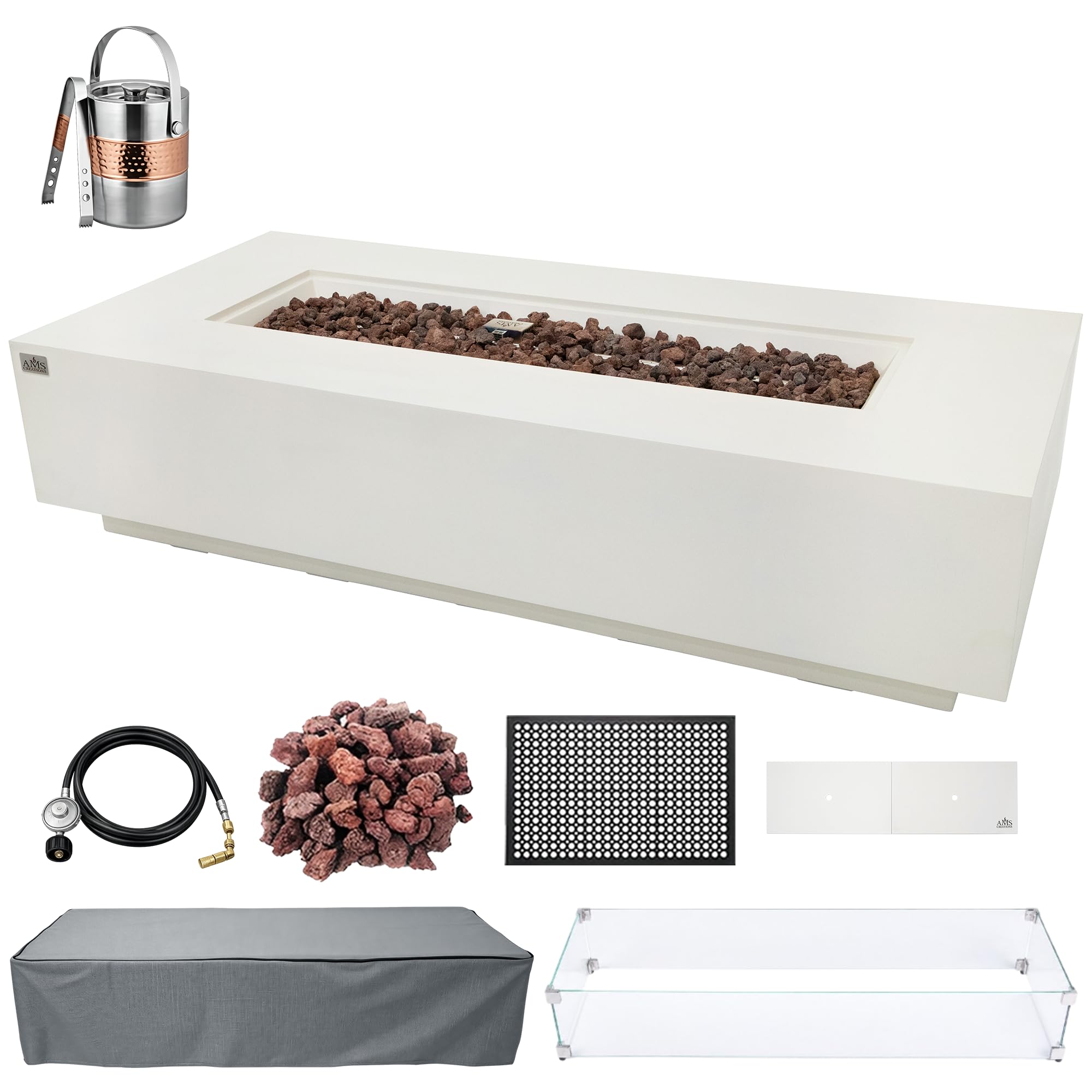 AMS 72" Rectangular Concrete Natural Gas Fire Pit Table Bundle Cream/White