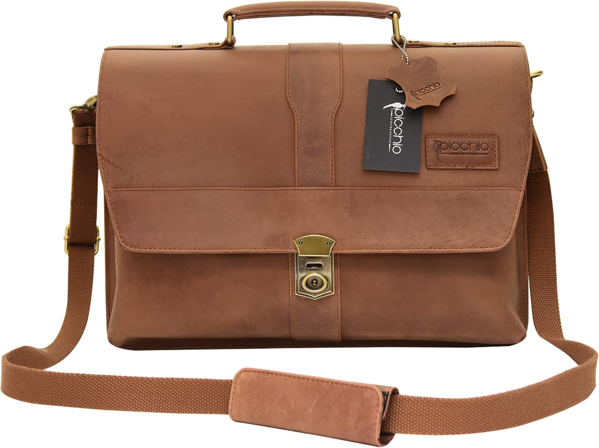 Picchio Men's Genuine Delta Brown Leather Satchel Bag, Messenger Shoulder Bag