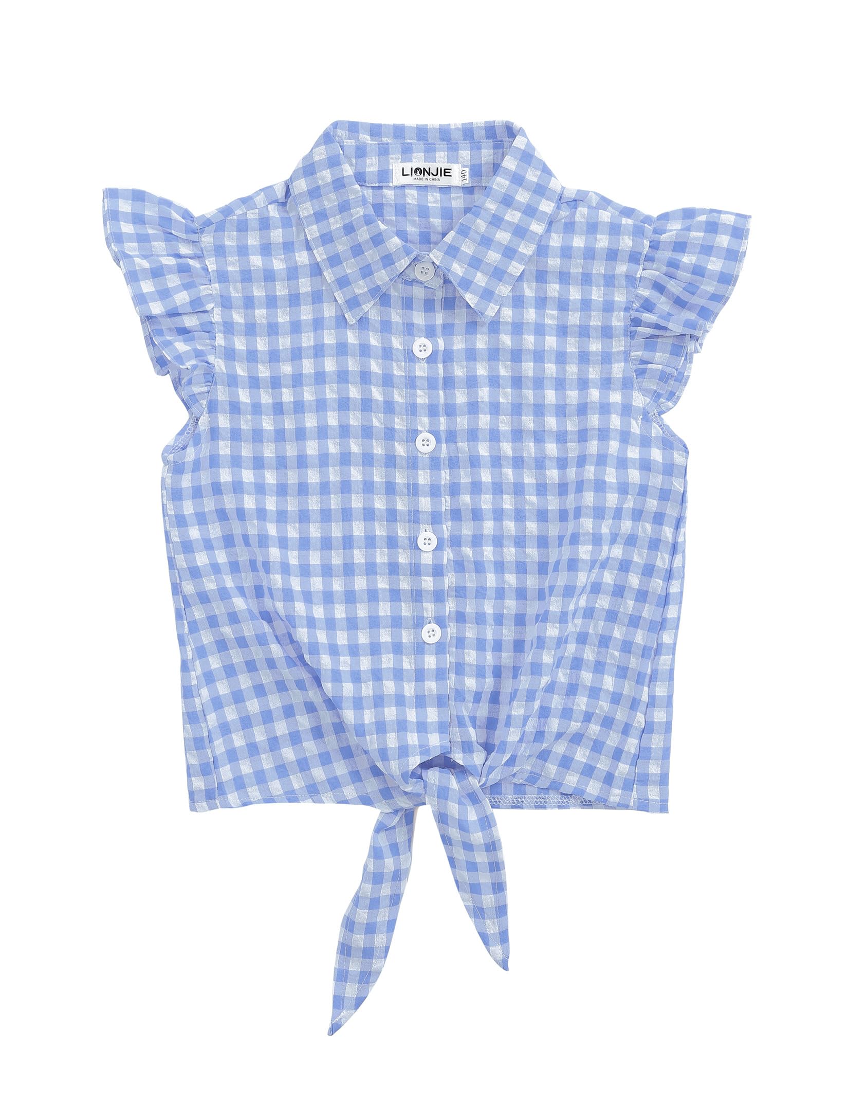 Girls Sleeveless Plaid Button Down Shirt Summer Crop Tops Tie Knot Ruffle Sleeve Shirt Blouse 3-12Y