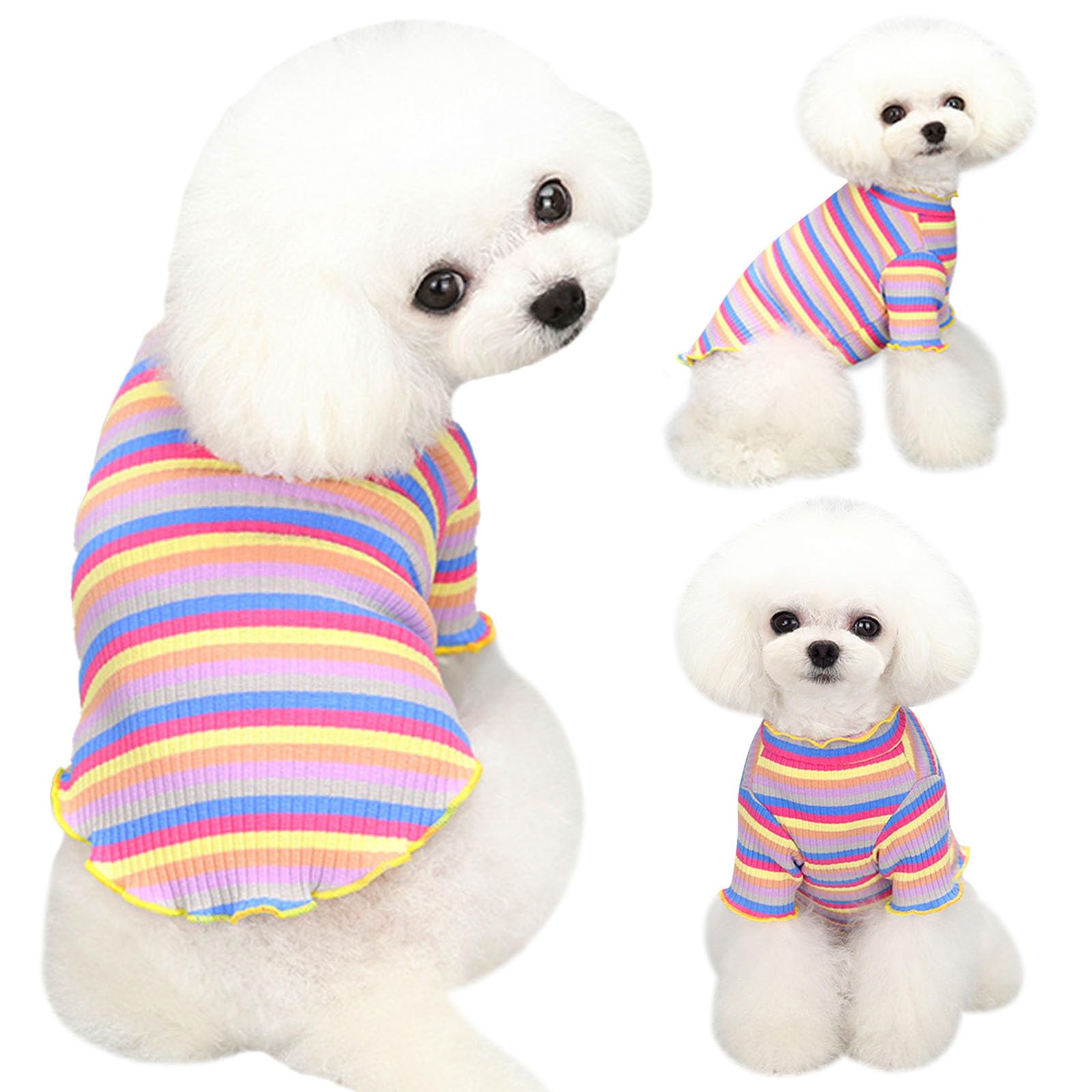 Small Medium Dog Clothes Rainbow Striped Dog Shirts Stretchable Long Sleeve Cat T-Shirt Pet Outfits for Chihuahua Yorkie Teddy (Yellow edge, S)