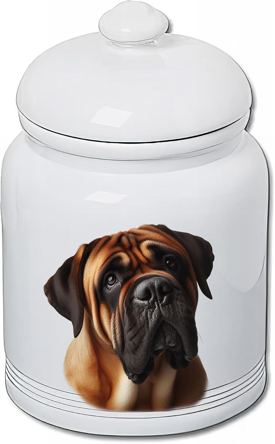 Best of Breed Bull Mastiff Dog and Cat Ceramic Treat Jar 9" Tall Air Tight Seal All White..