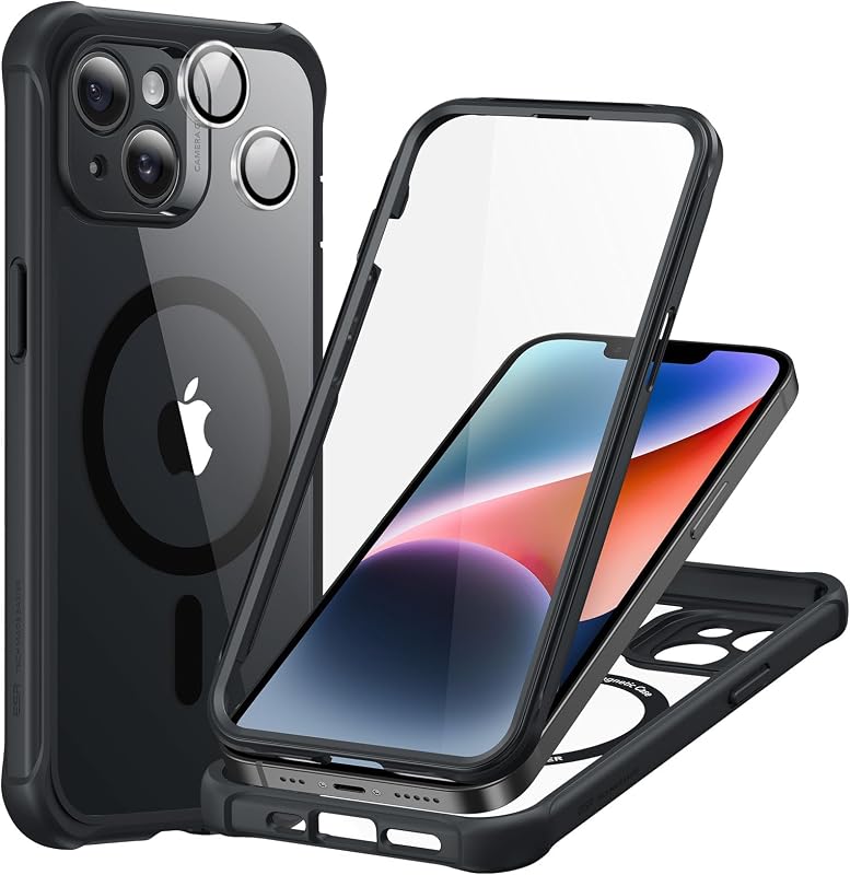 ESR para iPhone 16 Pro, compatible con MagSafe, estuche de cuerpo completo a prueba de caídas de grado militar con protector de pantalla de vidrio templado 9H+ incorporado, serie Armor, negro transparente | Compatible con MagSafe, con protector de lente de cámara, protección contra caídas de grado militar, resistente a arañazos, funda magnética para teléfono