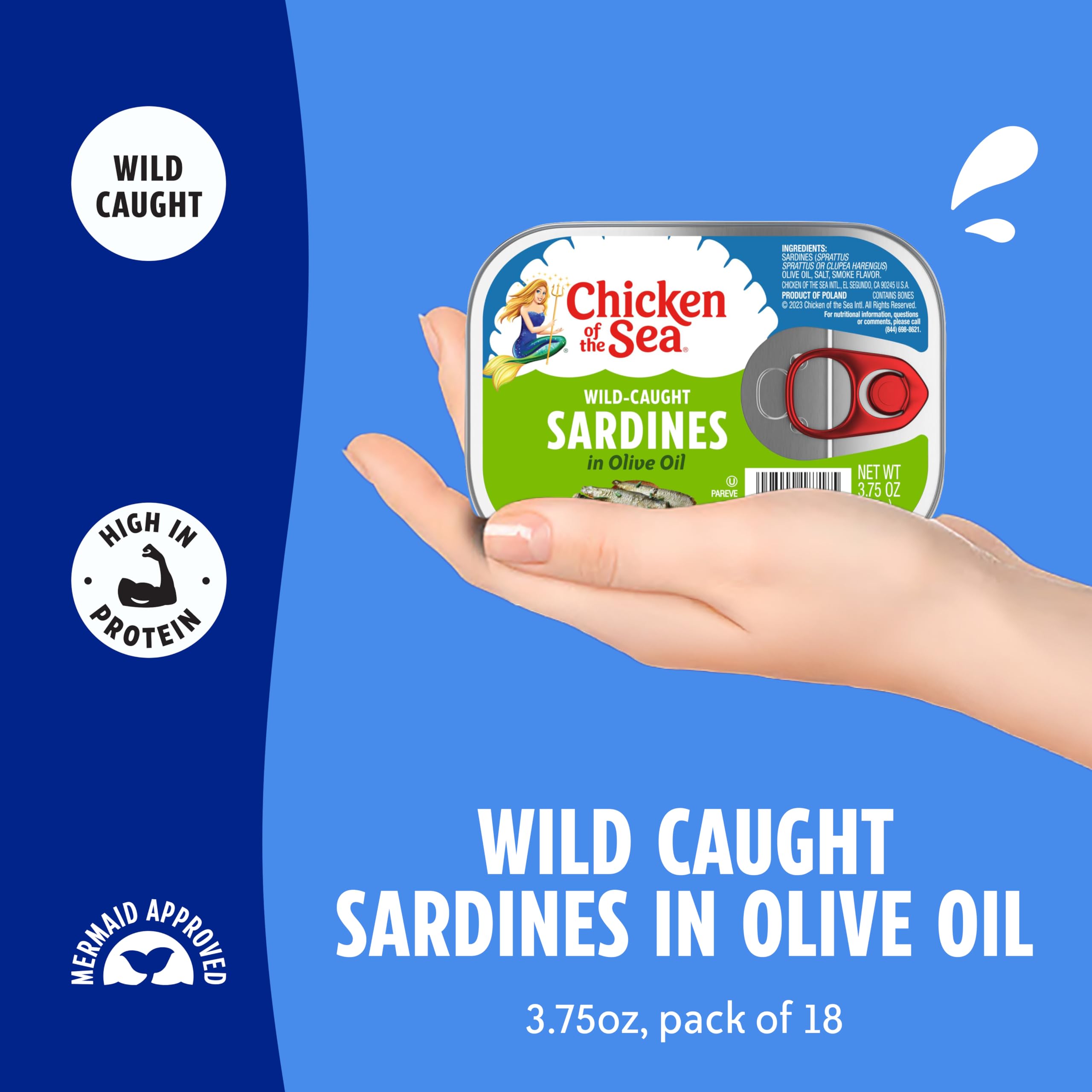 Chicken of the Sea Wild Caught Sardines in Olive Oil, 3.75 oz Cans, 18-Count – High Protein Nutritional Powerhouse Canned Sardines – Perfect in Any Dish or as Ready to Eat Meals