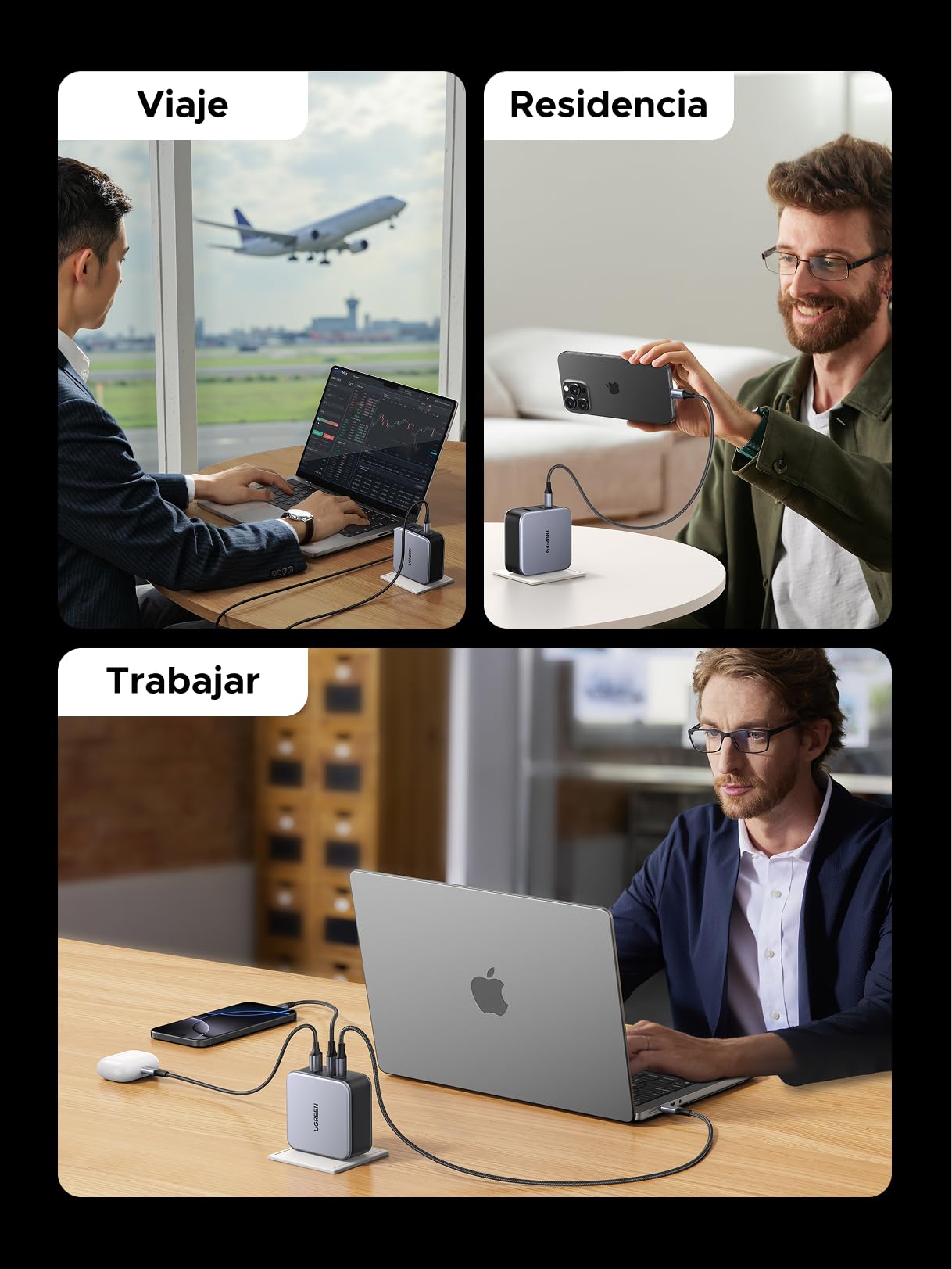 UGREEN Nexode 140 W PD 3.1 Cargador USB C rápido 3 Puertos GAN Tech Toma USB C Compatible con iPhone 16 Plus Pro MAX 15 14 13 12 11 Galaxy S24 S23 S22 A15 Pixel 9 8 7 iPad MacBook Air Pro M3 M2 M1