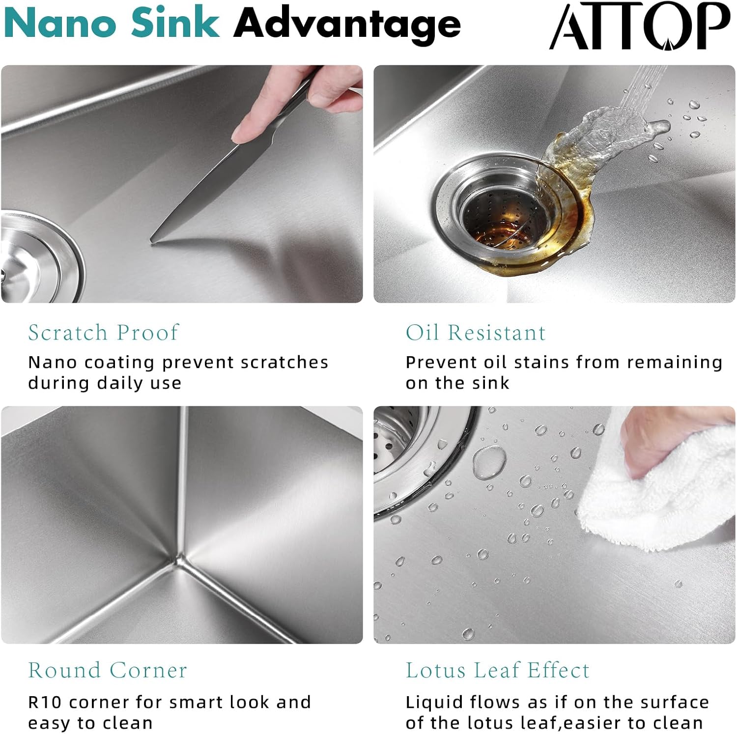 Close-up of a hand touching the ATTOP sink surface, illustrating its fingerprint-proof nano coating.