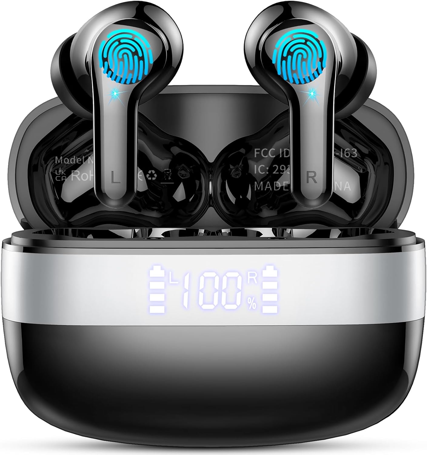 Wireless Earbud, NEW Bluetooth 5.3 Headphones Bass Stereo Ear Buds, Noise Cancelling Mic Earphones, IPX7 Waterproof In Ear Earphones with LED Display, 48H Playtime Earbud for Laptop Pad Phone Black