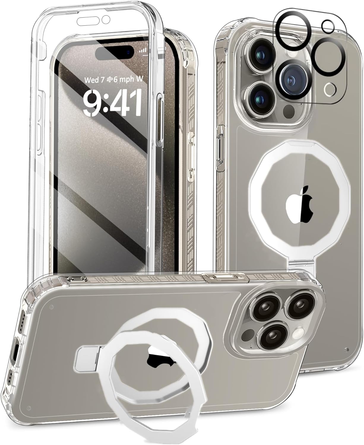 Compatible with iPhone 15 Pro Max Case, Built-in Screen Protector & Seamless Stand, with Camera Lens Protector, Strong Magnetic Clear Phone Case, Full Body Protective Cover for 6.7" (Clear)