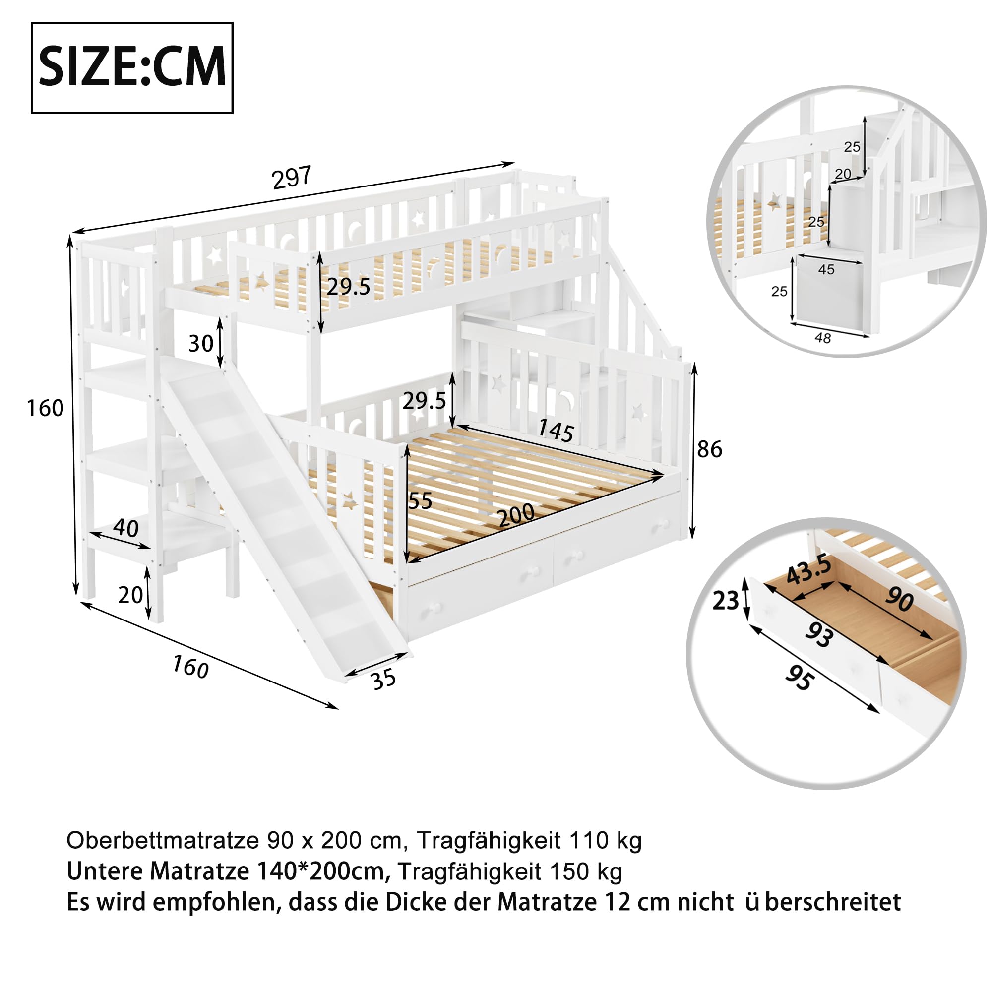 Massivholz-Etagenbett Kinderbett 90x200 & 140x200 für 2-3 Kinder, Multifunktionsbett mit Rutsche & Regalen, Hochbett mit Stauraum Treppe & 2 Schubladen, Stockbett Kinderhochbett Jugendhochbett, Weiß