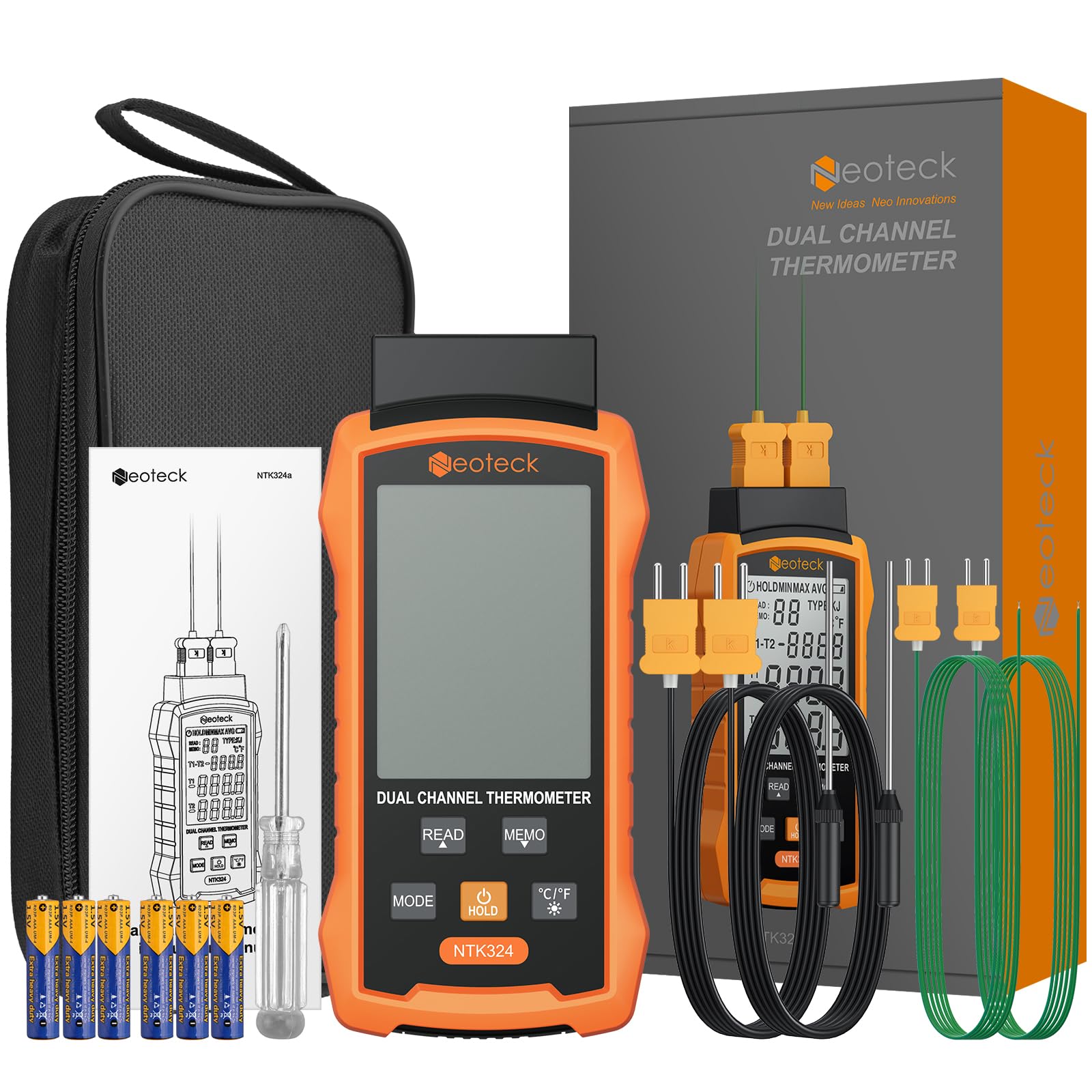 Neoteck Termómetro Termopar Tipo K/J 2 Canales con 4 Termopares °C/°F Almacenamiento 99 Datos HVAC Industrial