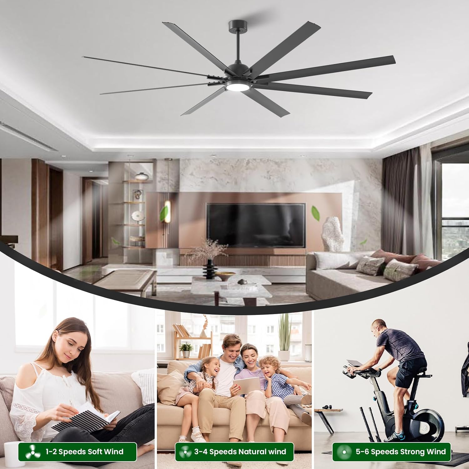 CJOY 96 Inch Large Ceiling Fan with Lights, Flush Mount Black Ceiling Fan with Remote, 8-Blade Reversible DC Motor, 6 Speeds, 3CCT Dimmable LED Quiet Indoor/Outdoor Use for Bedroom Kitchen Patio