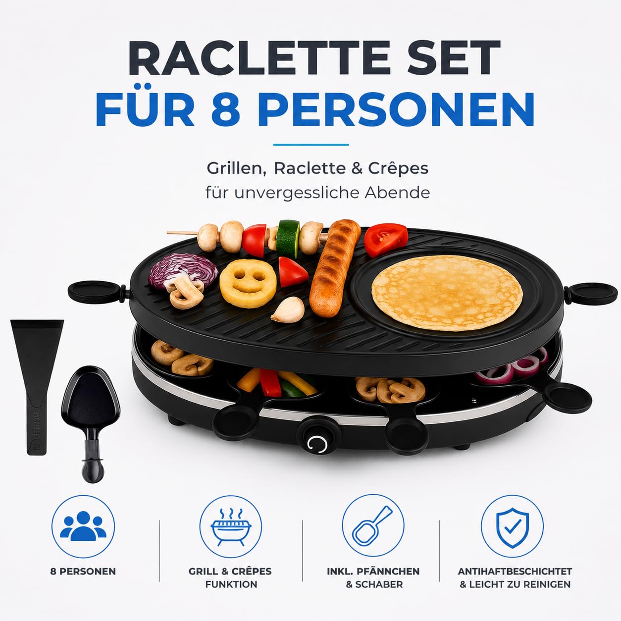 Set de raclette pour 8 personnes - Gril ovale - Avec fonction crêpes - Barbecue de table avec poêlons et grattoirs - ROND (TK49304)