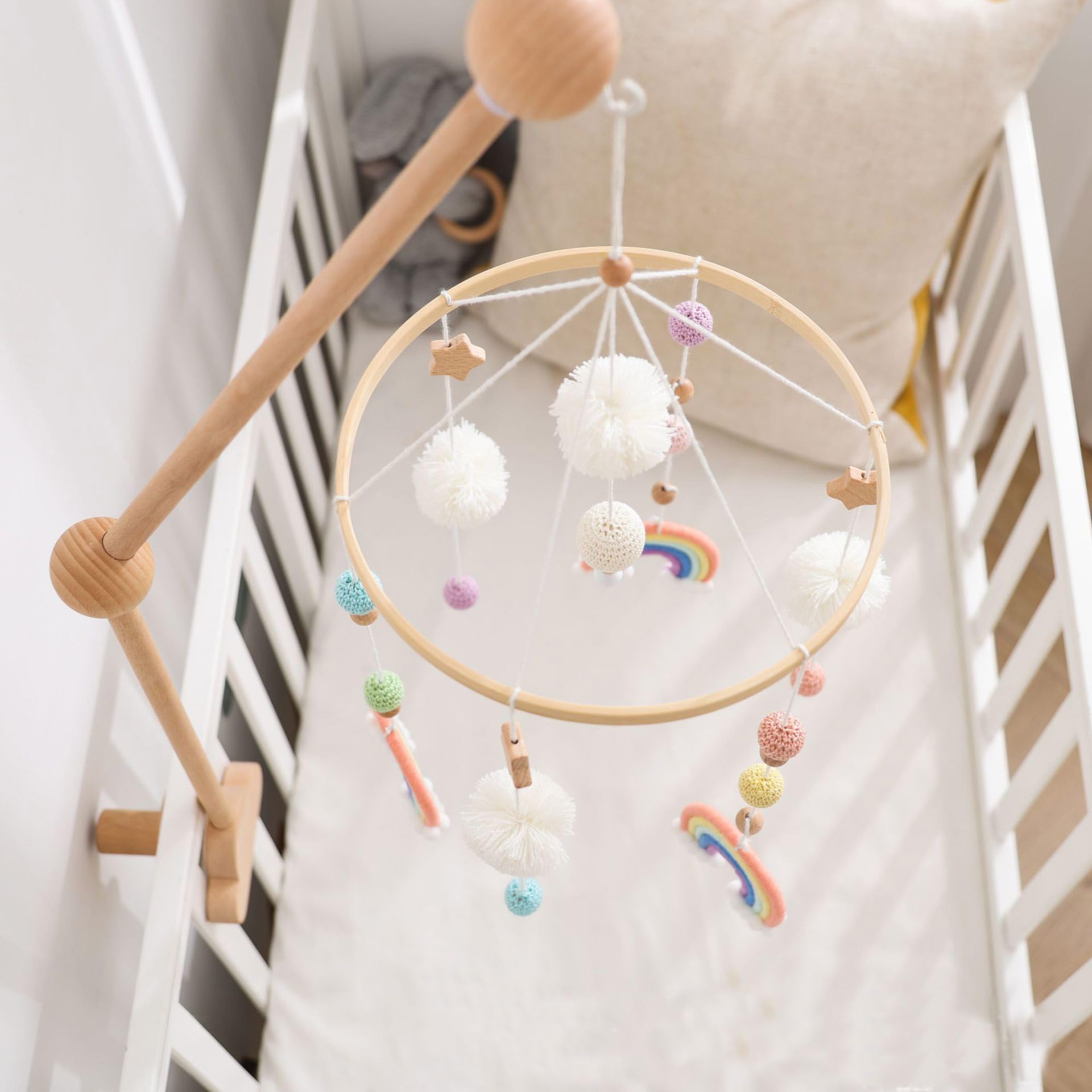 Baby Mobile para cuna, arco iris, estrella, móviles de cuna de pompones,cuna móvil para bebé,carillón de viento para bebé móvil de madera, regalo para bebés o niños