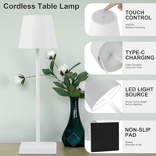 Miniatura 5 de Kelalry - Lámpara de mesa inalámbrica, lámpara de escritorio LED recargable, funciona con batería de 5200 mAh, 3 luces de mesa regulables sin