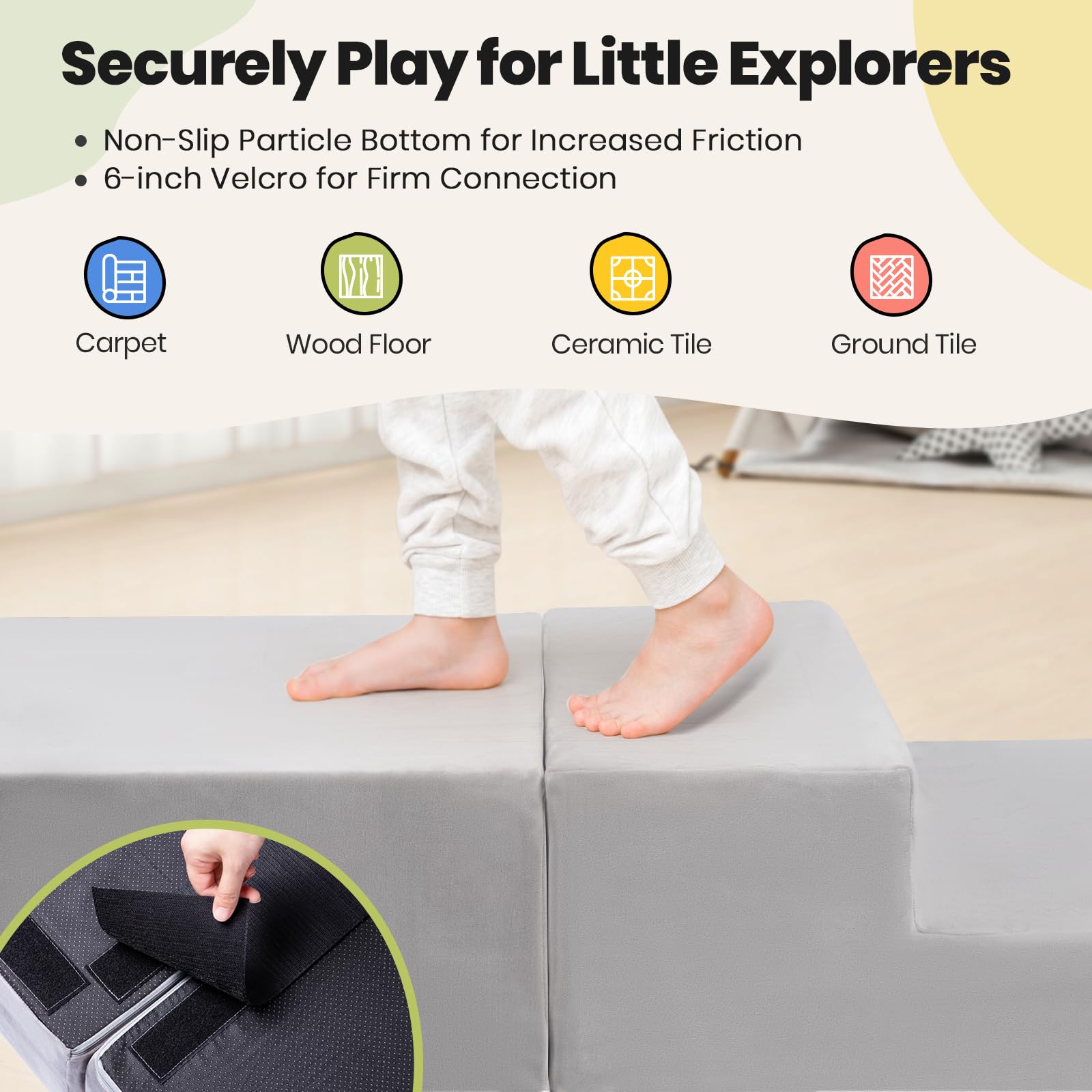 Rinnebbit 6-Piece Foam Climbing Blocks for Toddlers, Climb and Crawl Soft Foam Play Set with 47x47 Inch Baby Play Mat for Floor, Machine Washable Cover, Soft Climbing Toys for Toddlers 1-3 (Gray)