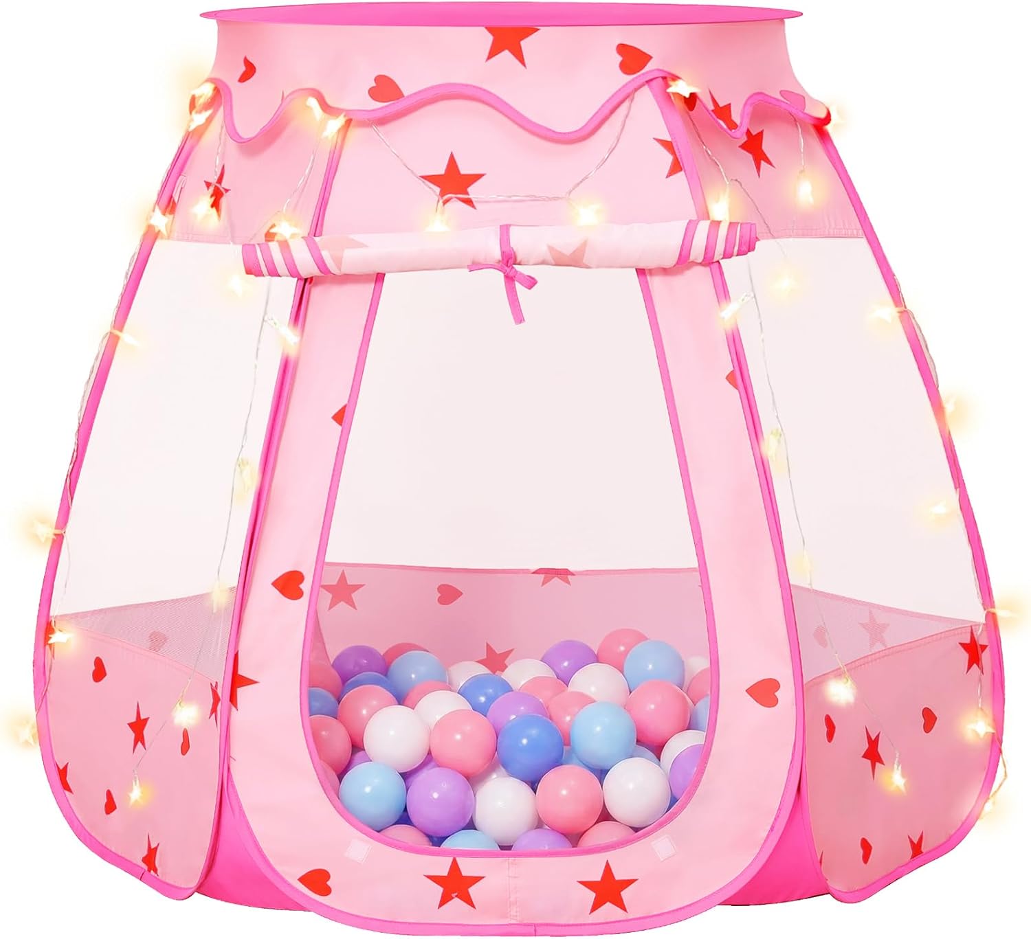 Suncuber Pop Up Princess Tent with Star Lights - Portable Collapsible Ball Pit Playhouse for Toddler Girls, Pink Birthday Gift