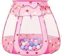 Suncuber Pop Up Princess Tent with Star Lights - Portable Collapsible Ball Pit Playhouse for Toddler Girls, Pink Birthday Gift
